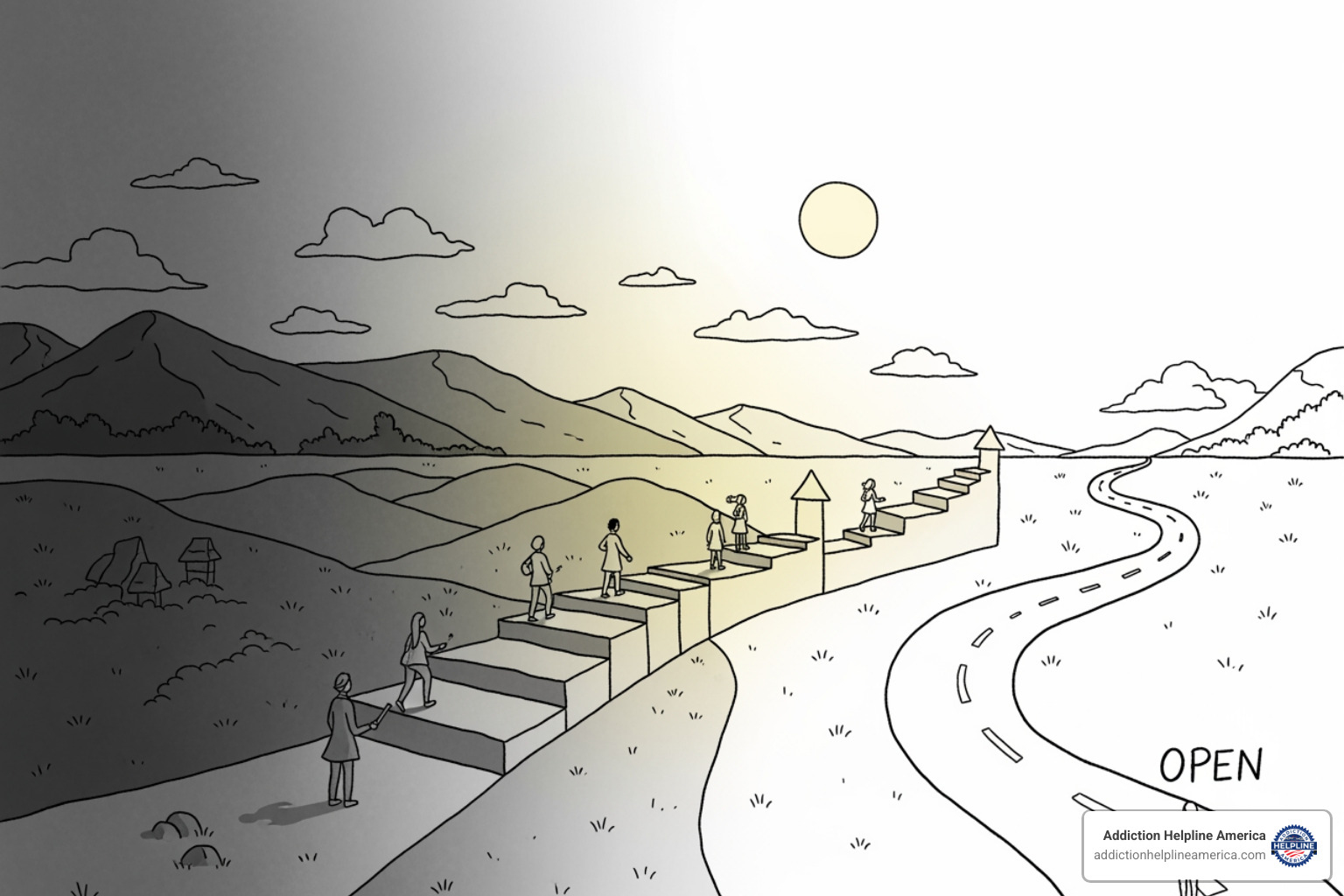 Illustration showing the progression of addiction treatment from detox to aftercare - drug rehab in costa mesa