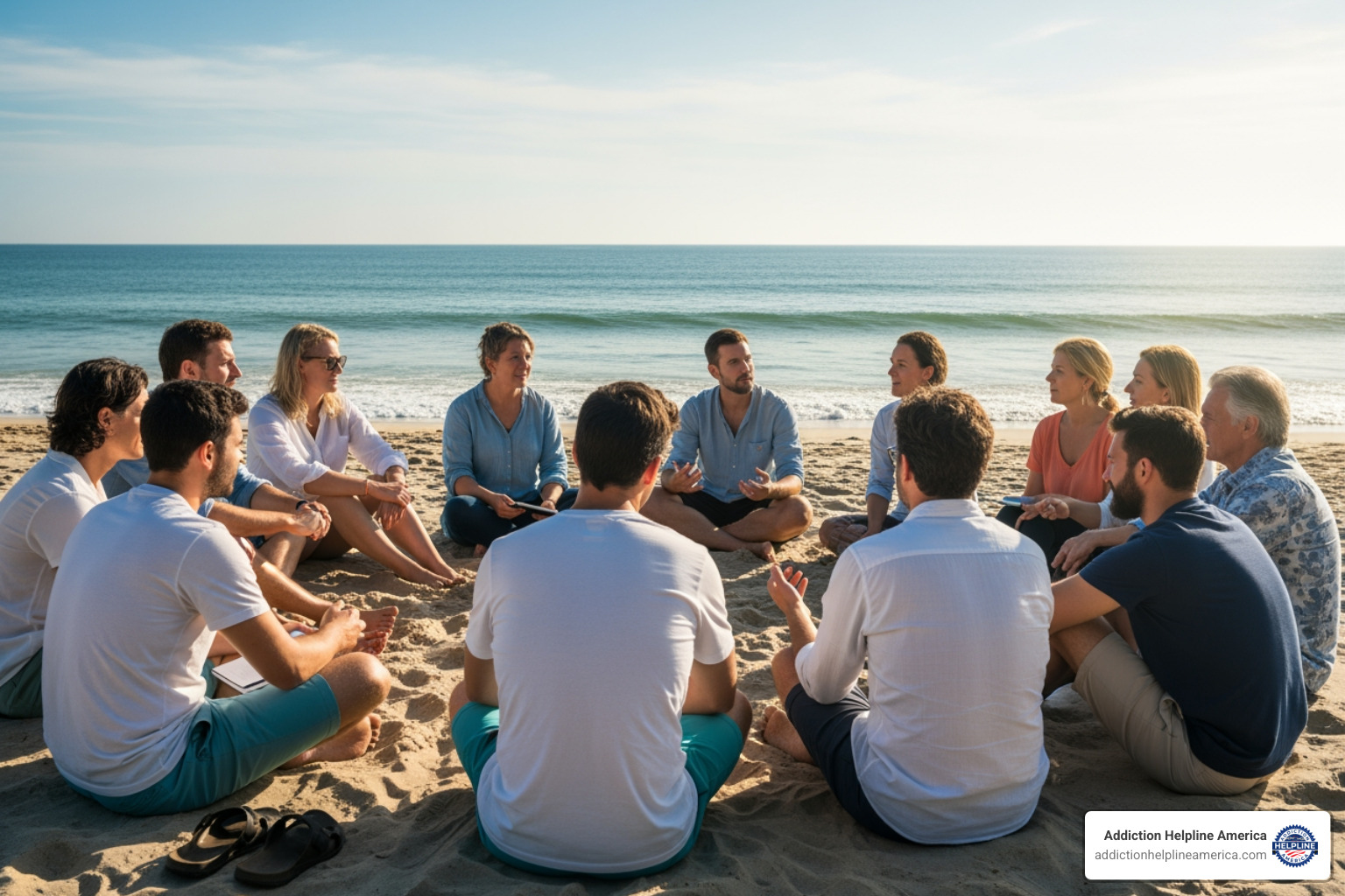 People in a supportive group setting outdoors near a beach - drug rehab in costa mesa
