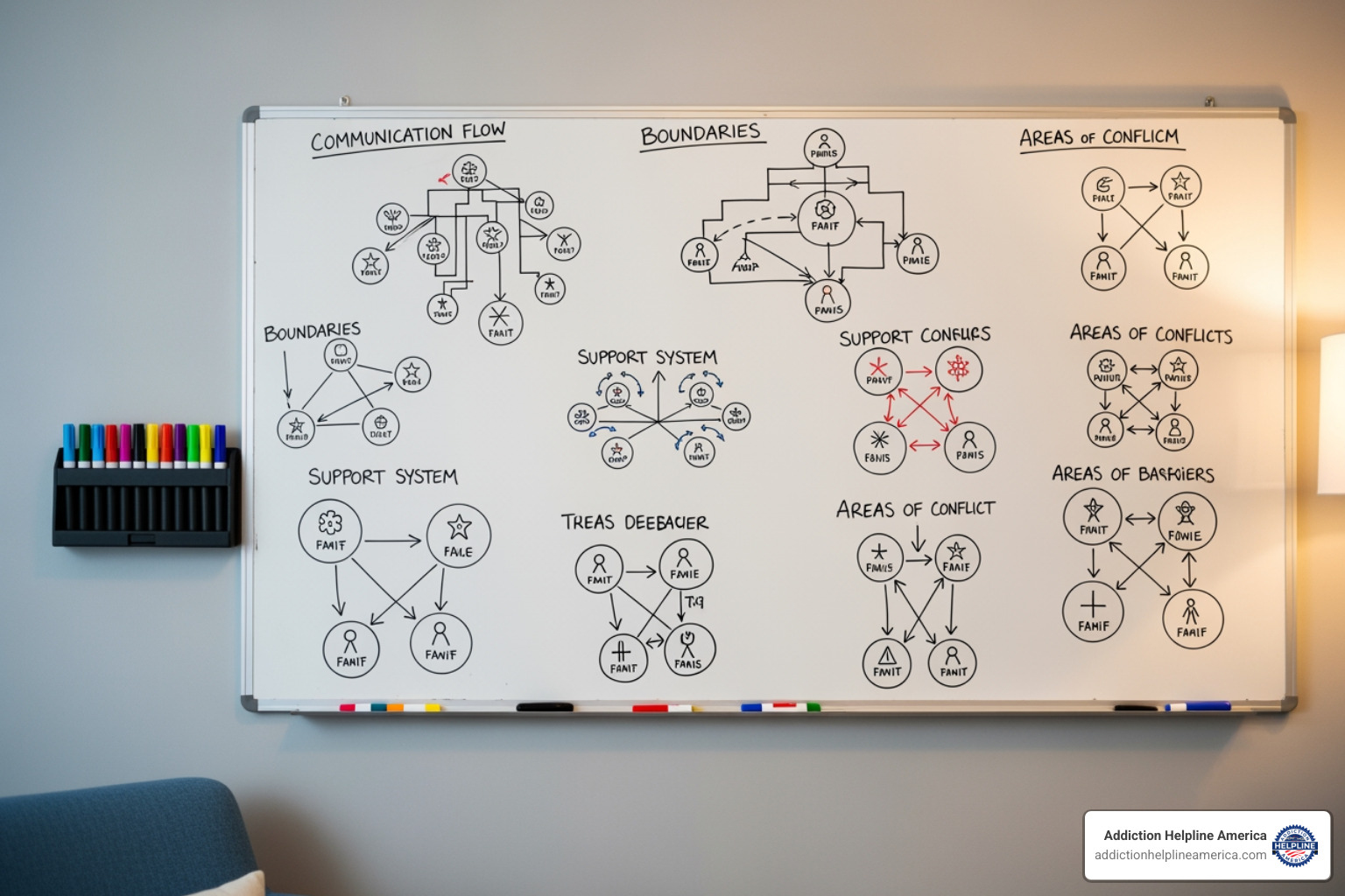 A whiteboard with diagrams showing family relationship dynamics - Family therapy Costa Mesa