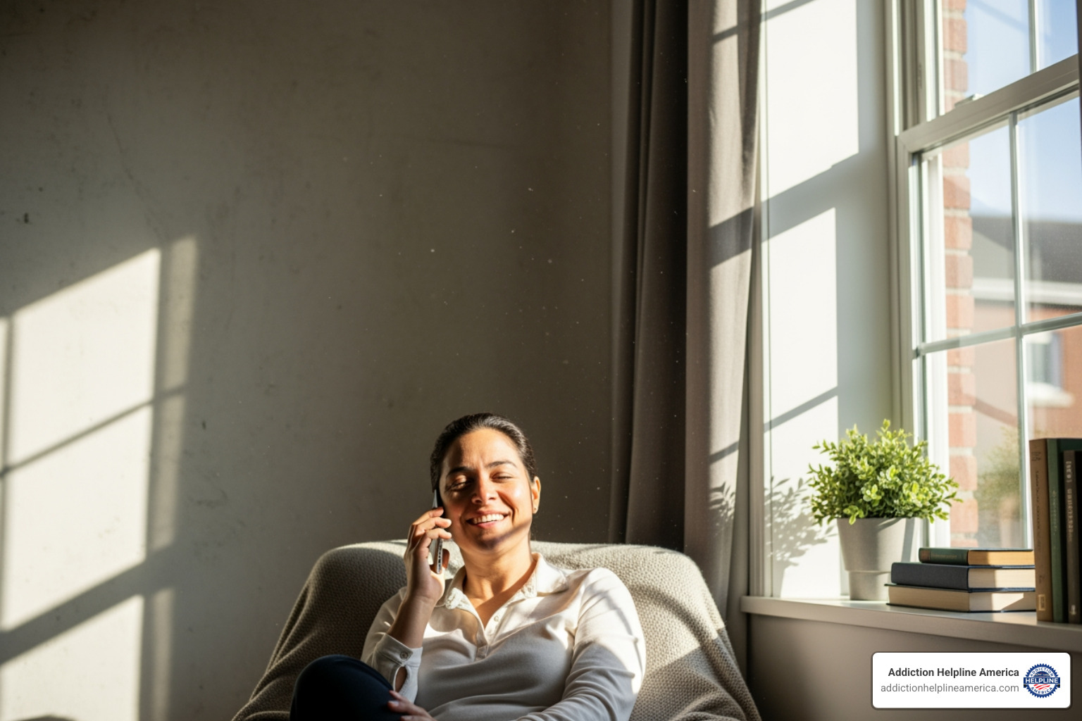 A person on the phone, looking relieved, in a bright, sunny room - rehab centers in costa mesa ca