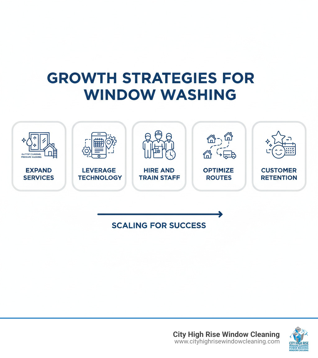 Infographic showing growth strategies for a window washing business: Expand services, leverage technology, hire and train staff, optimize routes, and focus on customer retention - residential window washing business infographic Infographic showing growth strategies for a window washing business: Expand services, leverage technology, hire and train staff, optimize routes, and focus on customer retention - residential window washing business infographic