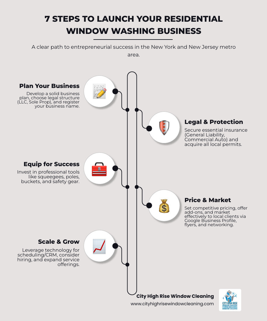 Infographic showing the 7 essential steps to start a residential window washing business: 1) Write a Business Plan, 2) Choose Legal Structure & Register, 3) Get Insurance & Permits, 4) Buy Essential Equipment, 5) Set Your Pricing, 6) Market to Local Clients, 7) Scale with Technology & Hiring - residential window washing business infographic infographic-line-5-steps-elegant_beige Infographic showing the 7 essential steps to start a residential window washing business: 1) Write a Business Plan, 2) Choose Legal Structure & Register, 3) Get Insurance & Permits, 4) Buy Essential Equipment, 5) Set Your Pricing, 6) Market to Local Clients, 7) Scale with Technology & Hiring - residential window washing business infographic infographic-line-5-steps-elegant_beige