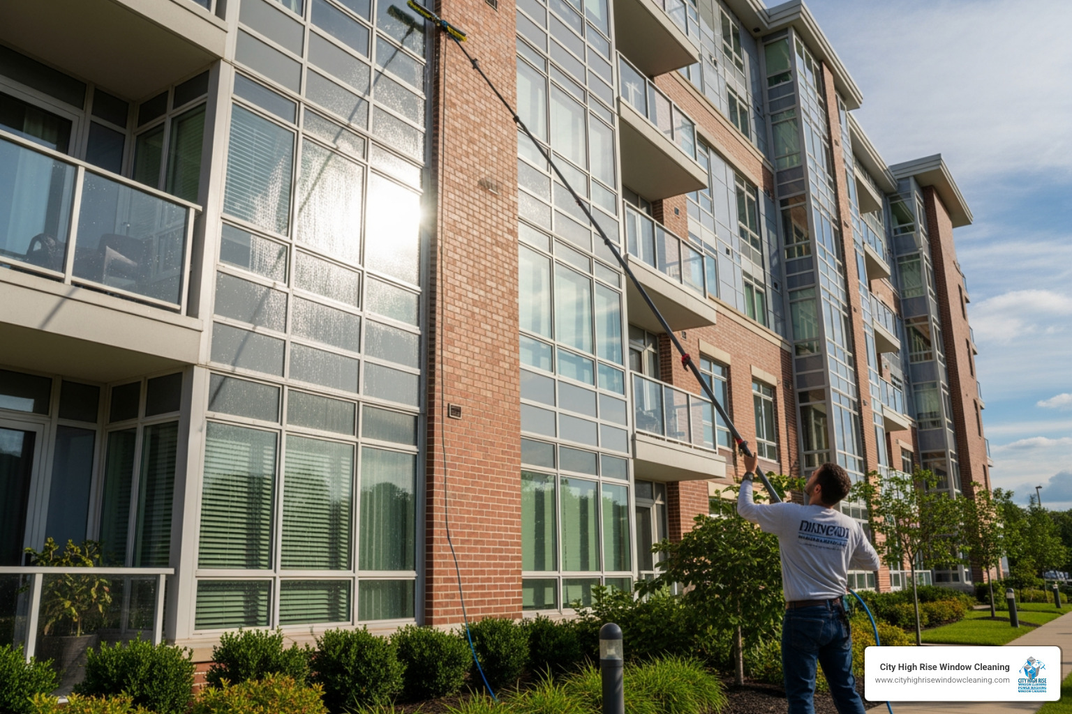 Window cleaner using a water-fed pole system on a multi-story residential building in New Jersey - residential window washing business Window cleaner using a water-fed pole system on a multi-story residential building in New Jersey - residential window washing business