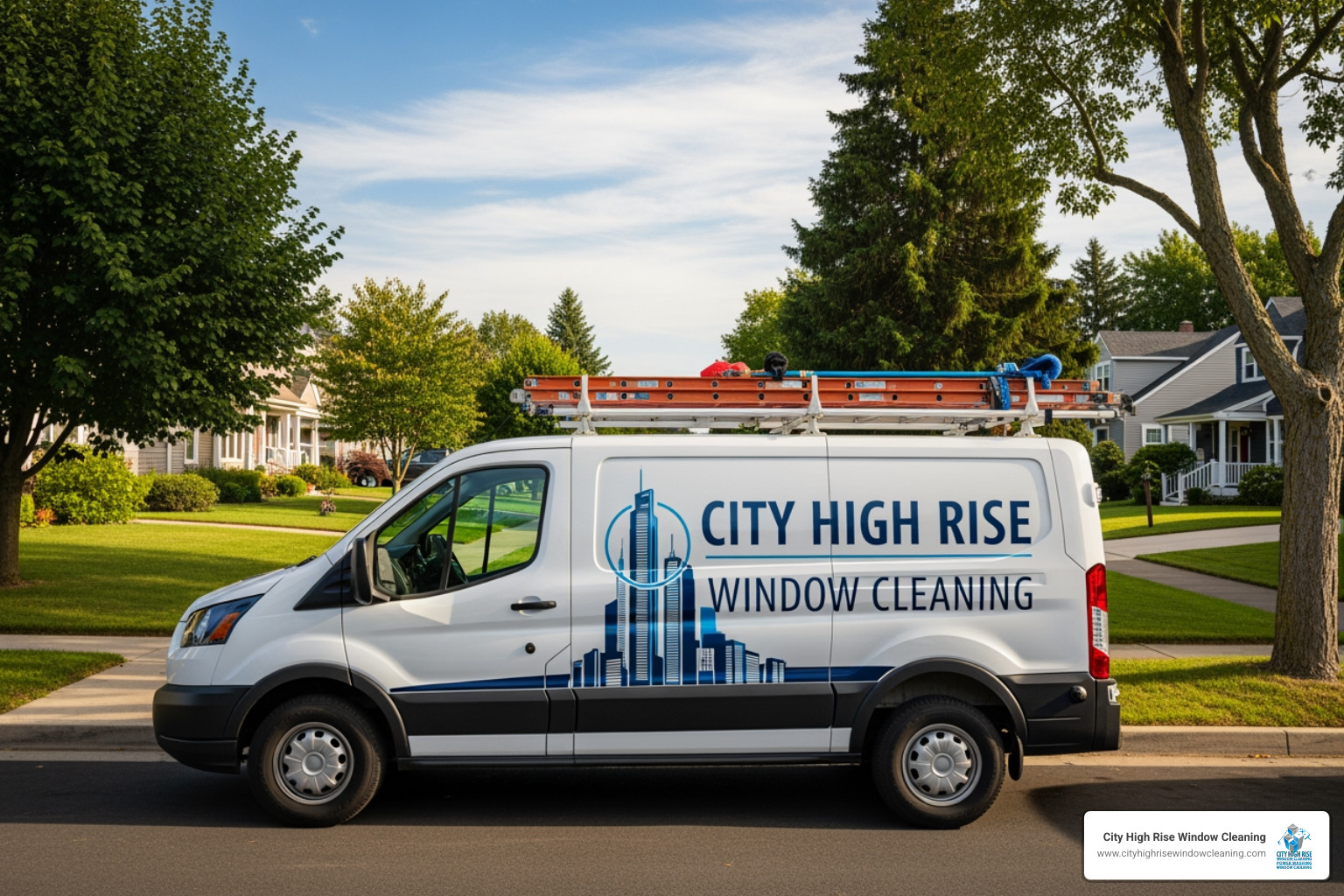 Branded City High Rise Window Cleaning van parked in a residential neighborhood - residential window washing business Branded City High Rise Window Cleaning van parked in a residential neighborhood - residential window washing business