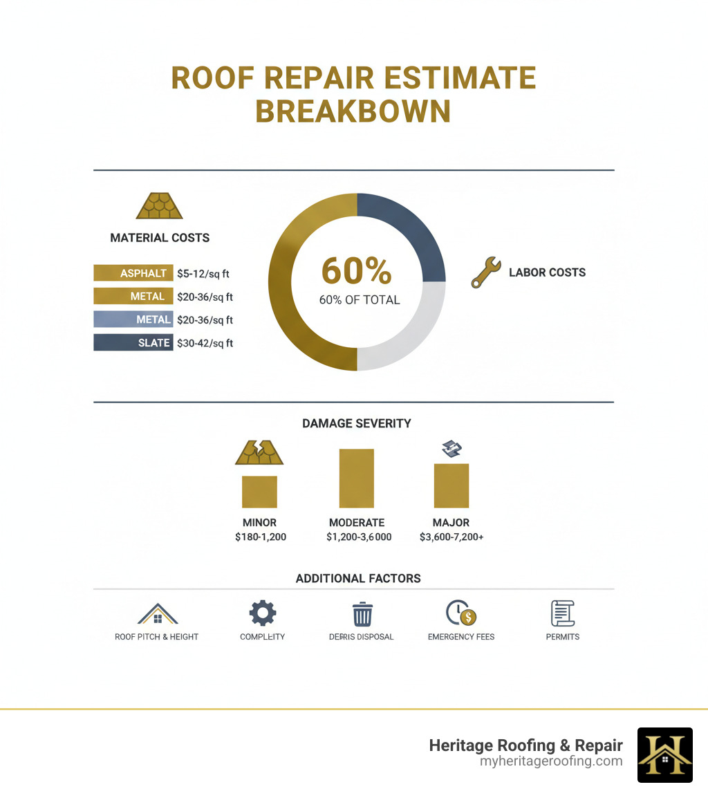 Infographic showing the breakdown of roof repair estimate components: Labor costs (60% of total), Material costs varying by type (asphalt $5-12/sq ft, metal $20-36/sq ft, slate $30-42/sq ft), Damage severity levels (Minor $180-1,200, Moderate $1,200-3,600, Major $3,600-7,200+), Additional factors including roof pitch, height, complexity, debris disposal, emergency fees, and permits - roof repair estimate infographic Infographic showing the breakdown of roof repair estimate components: Labor costs (60% of total), Material costs varying by type (asphalt $5-12/sq ft, metal $20-36/sq ft, slate $30-42/sq ft), Damage severity levels (Minor $180-1,200, Moderate $1,200-3,600, Major $3,600-7,200+), Additional factors including roof pitch, height, complexity, debris disposal, emergency fees, and permits - roof repair estimate infographic