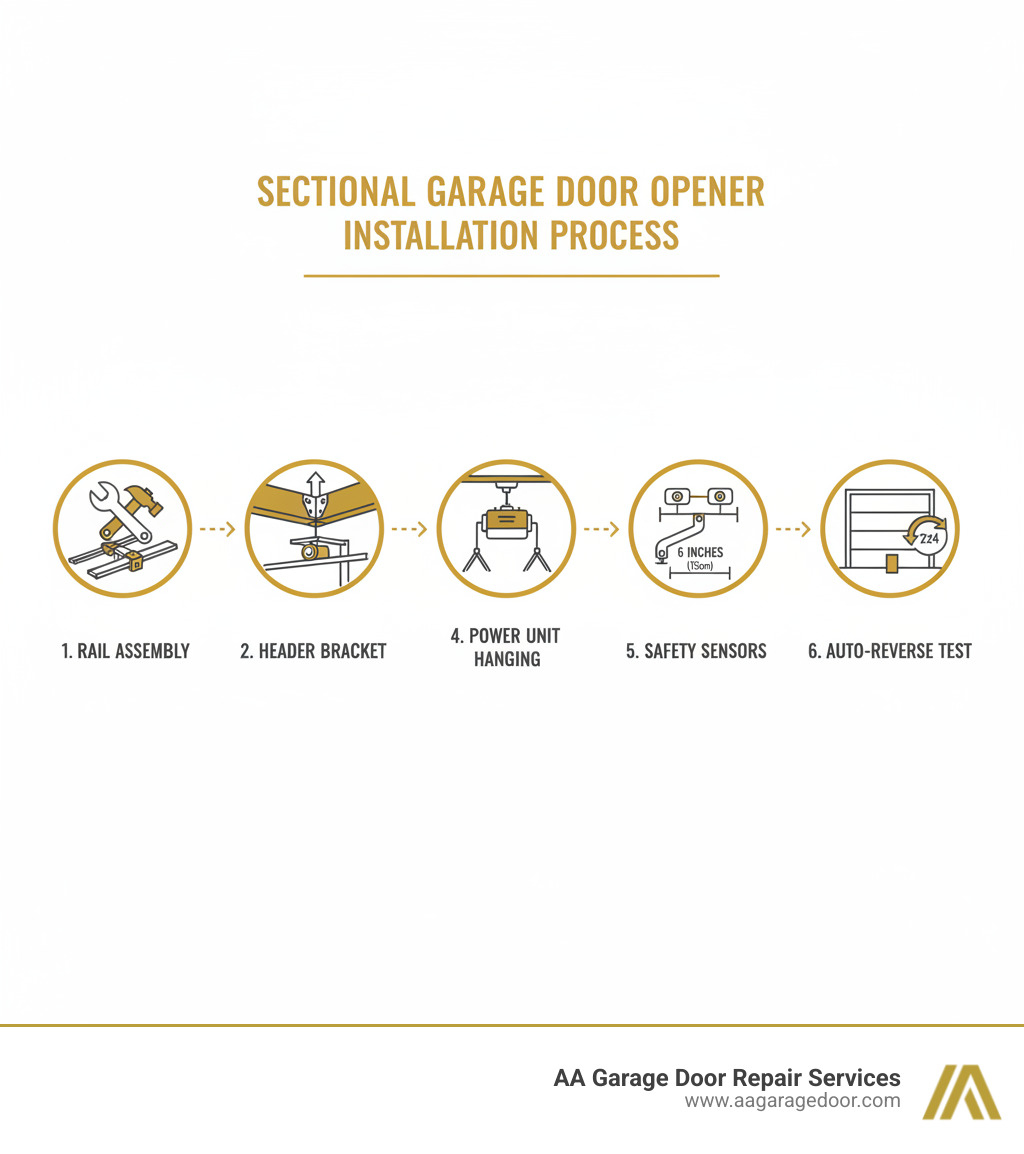 Sectional garage door opener installation process showing the complete workflow from rail assembly through final testing, including header bracket mounting, power unit installation, J-arm connection, safety sensor placement at 6 inches height, and the 2x4 auto-reverse test - sectional garage door opener installation infographic 