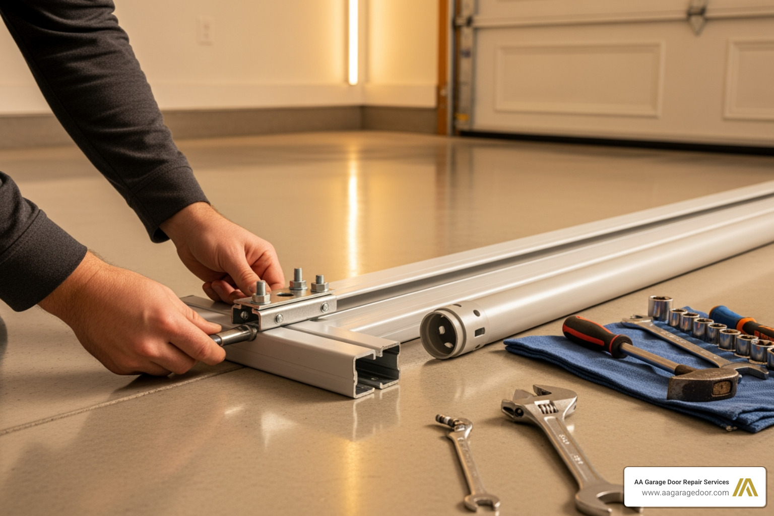 garage door opener rail and carriage tube being assembled - sectional garage door opener installation