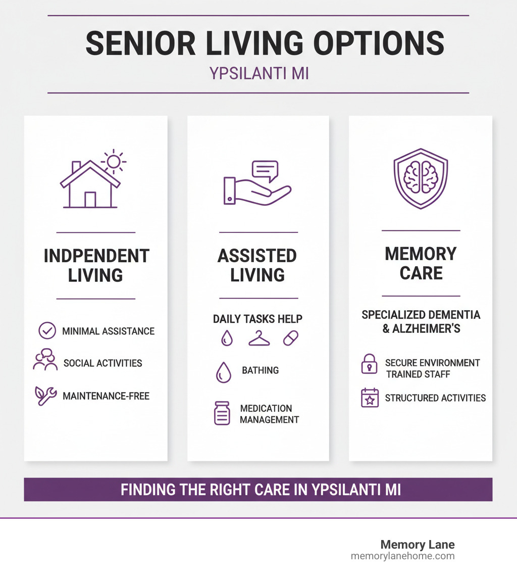 Infographic showing the differences between Independent Living (minimal assistance, focus on social activities and maintenance-free living), Assisted Living (help with daily tasks like bathing, dressing, and medication management), and Memory Care (specialized dementia and Alzheimer's care with secure environments, trained staff, and structured activities) - assisted living ypsilanti mi infographic 