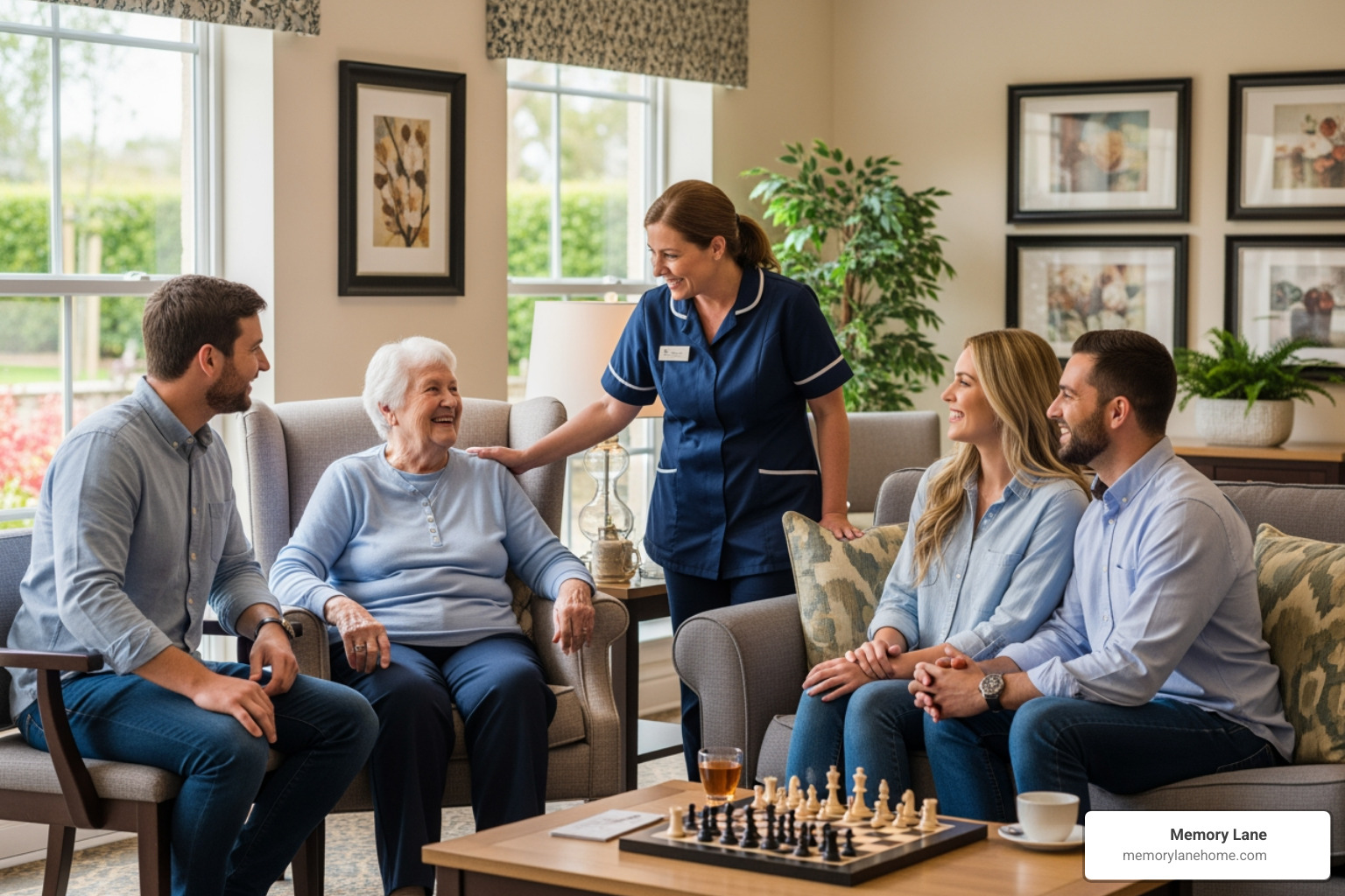 image of a family smiling and talking with a staff member in a bright, welcoming common area - assisted living ypsilanti mi
