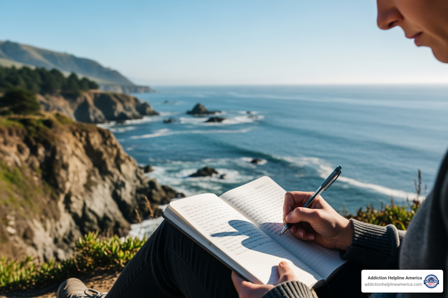 A person journaling with a scenic Southern California view in the background - Southern California rehab