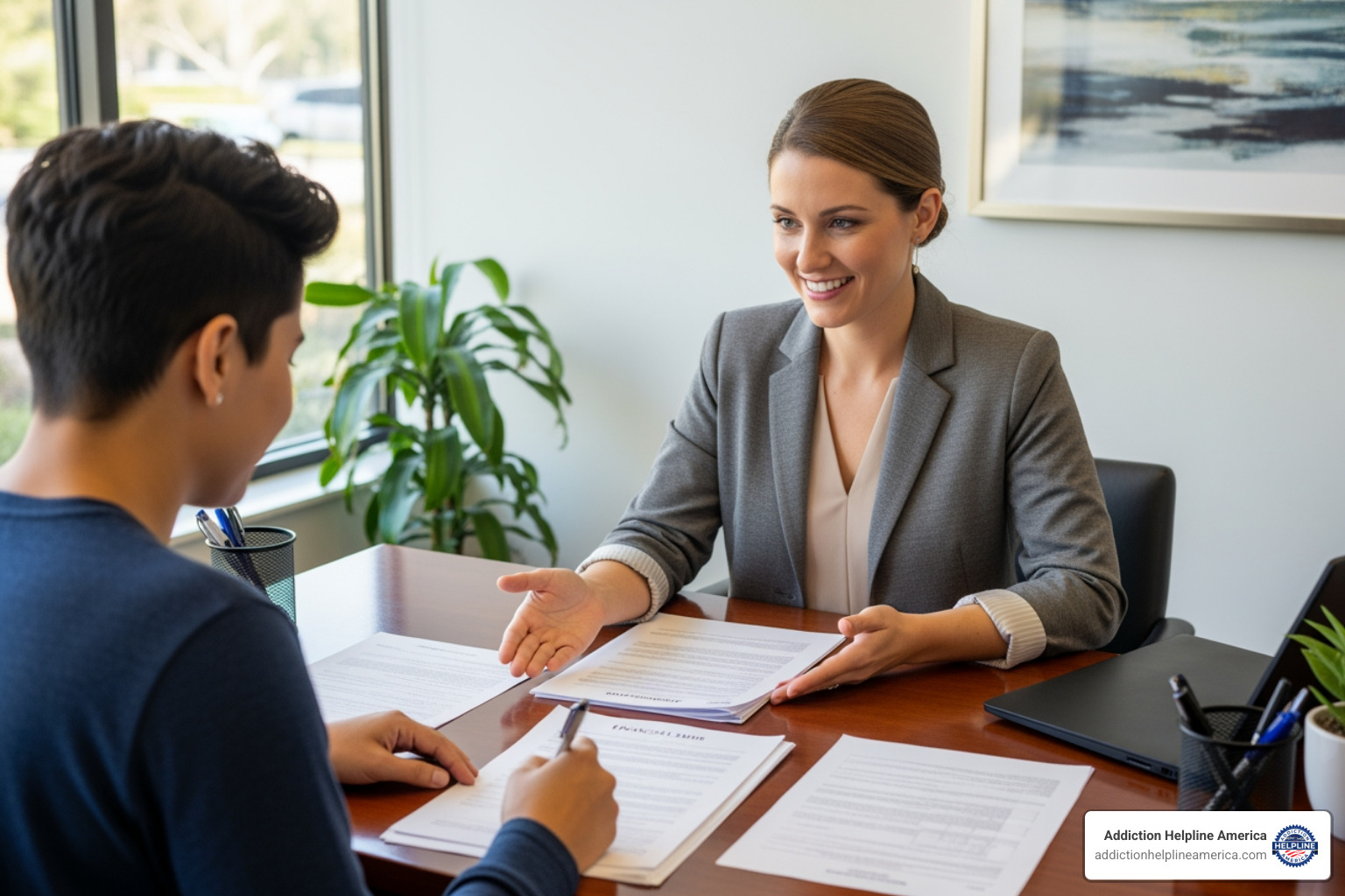 A person reviewing financial paperwork with a caring admissions coordinator - Southern California rehab