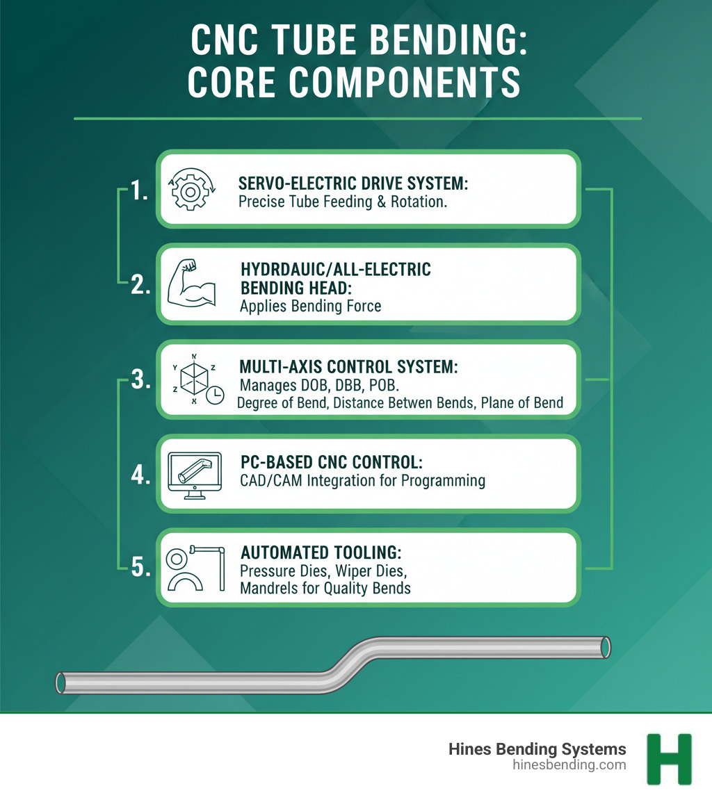 Infographic showing the core components of CNC tube bending: servo-electric drive system for precise tube feeding and rotation, hydraulic or all-electric bending head for applying bending force, multi-axis control system managing DOB degree of bend DBB distance between bends and POB plane of bend, PC-based CNC control with CAD/CAM integration for programming, and automated tooling including pressure dies wiper dies and mandrels for quality bends - cnc tube bending machines infographic Infographic showing the core components of CNC tube bending: servo-electric drive system for precise tube feeding and rotation, hydraulic or all-electric bending head for applying bending force, multi-axis control system managing DOB degree of bend DBB distance between bends and POB plane of bend, PC-based CNC control with CAD/CAM integration for programming, and automated tooling including pressure dies wiper dies and mandrels for quality bends - cnc tube bending machines infographic