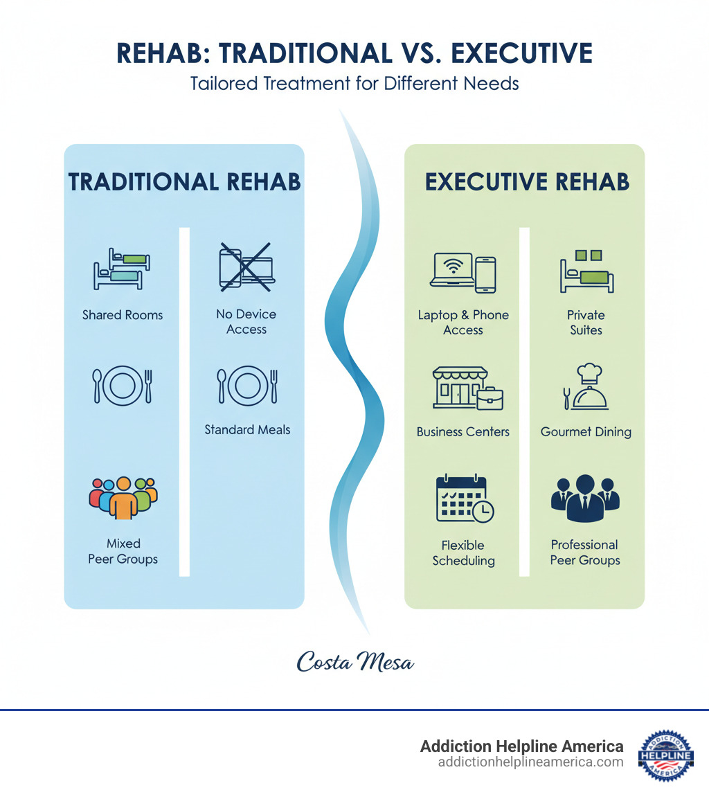 Infographic showing key differences between traditional and executive rehab: Traditional Rehab includes shared rooms, no device access, standard meals, and mixed peer groups; Executive Rehab includes private suites, laptop and phone access, gourmet dining, business centers, flexible scheduling, and peer groups of other professionals - Executive rehab Costa Mesa infographic 