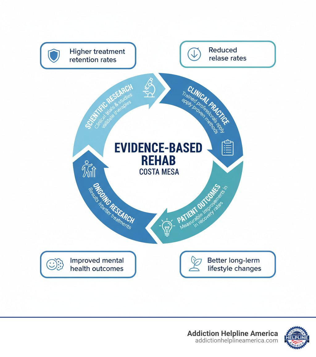 Infographic showing the cycle of evidence-based treatment: Scientific Research (clinical trials and studies validate therapies) → Clinical Practice (trained professionals apply proven methods) → Patient Outcomes (measurable improvements in recovery rates) → Ongoing Research (results inform better treatments), with arrows connecting each stage in a circular flow. Key statistics highlighted: Higher treatment retention rates, Reduced relapse rates, Improved mental health outcomes, Better long-term lifestyle changes. - Evidence-based rehab Costa Mesa infographic 