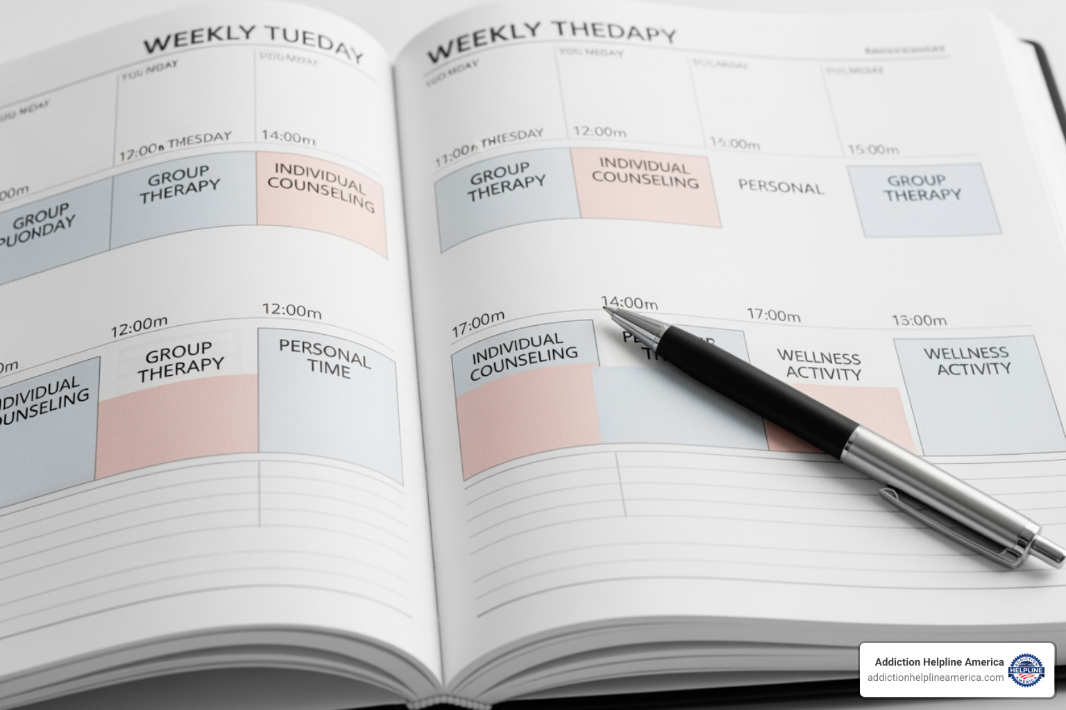 A weekly planner showing therapy sessions, group meetings, and personal time slots, symbolizing a balanced schedule in an outpatient rehab program. - Outpatient rehab Costa Mesa