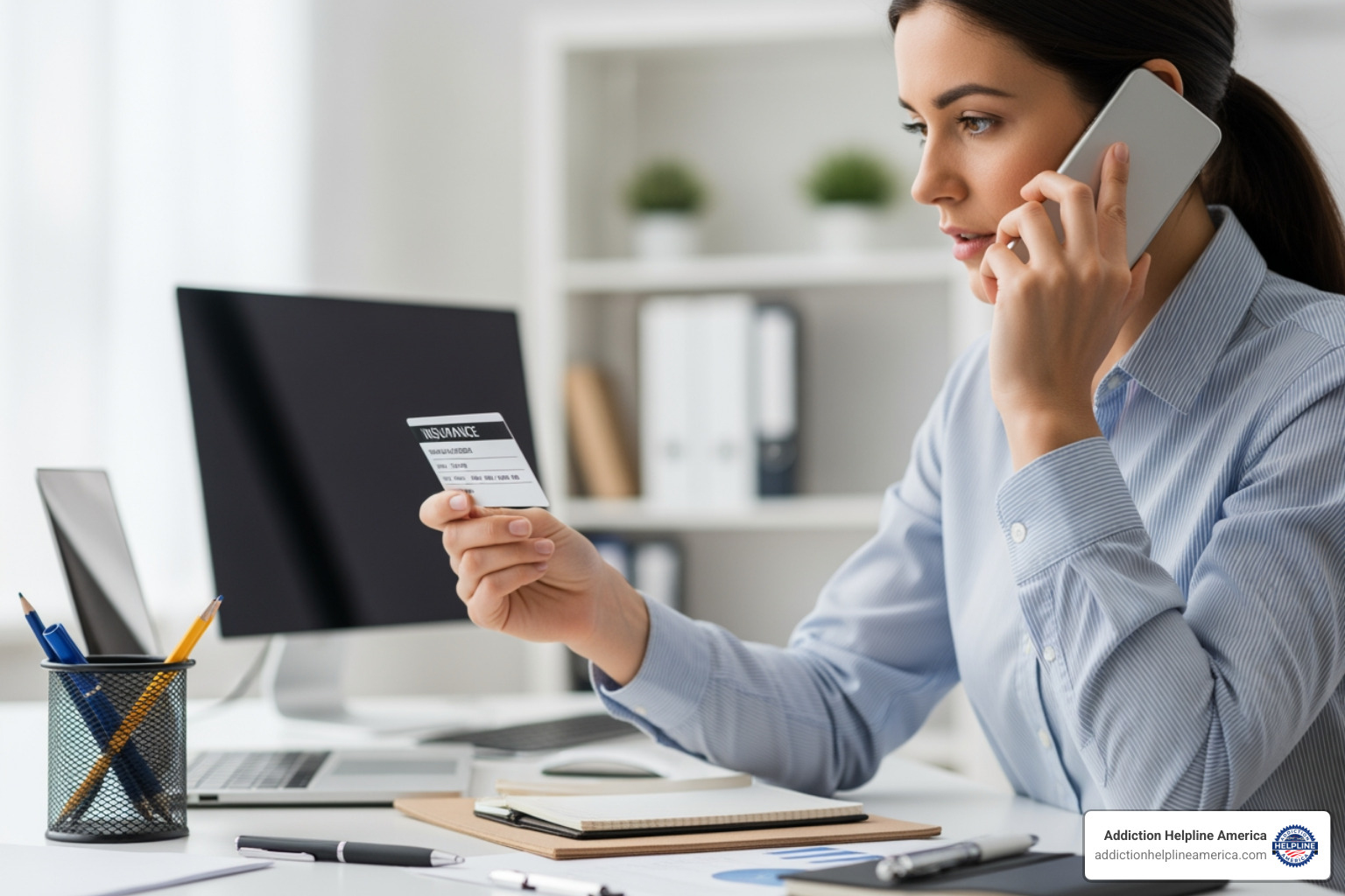 A person sits at a desk, reviewing an insurance card and holding a phone to their ear, making a call. - Outpatient rehab Costa Mesa