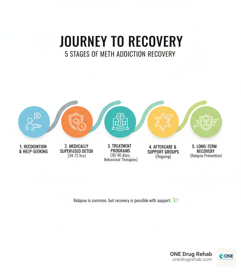 Infographic showing the stages of meth addiction recovery: 1) Recognition and seeking help, 2) Medically supervised detox (24-72 hours acute withdrawal), 3) Treatment programs (30-90 days with behavioral therapies), 4) Aftercare and support groups (ongoing), 5) Long-term recovery with relapse prevention strategies - meth addiction recovery infographic 