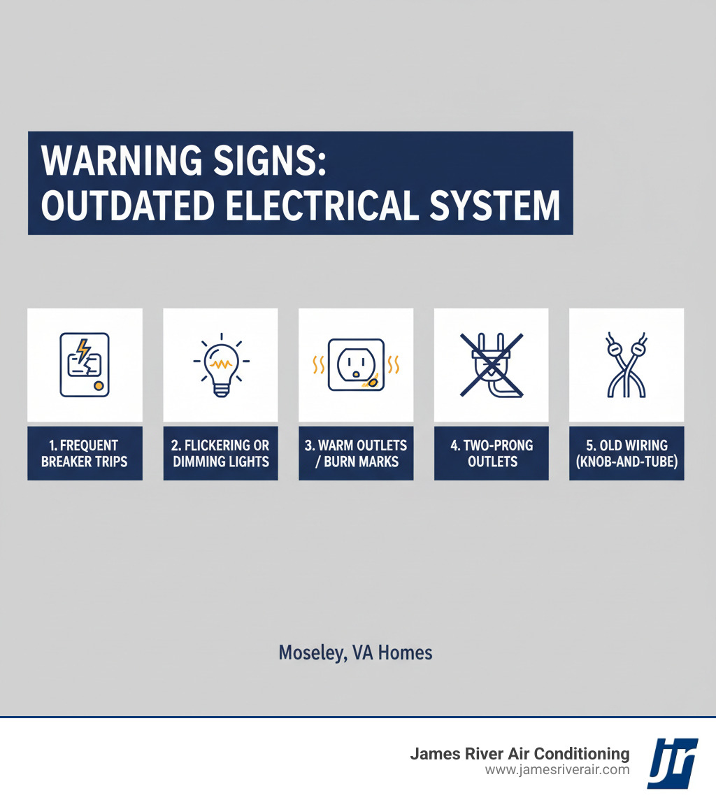 Infographic showing five warning signs of an outdated electrical system: 1. Circuit breakers trip frequently when using multiple appliances, 2. Lights flicker or dim when high-draw devices turn on, 3. Outlets feel warm to touch or show burn marks, 4. Home has two-prong outlets without grounding, 5. Visible knob-and-tube or aluminum wiring in basement or attic - electrical system replacement in moseley, va infographic Infographic showing five warning signs of an outdated electrical system: 1. Circuit breakers trip frequently when using multiple appliances, 2. Lights flicker or dim when high-draw devices turn on, 3. Outlets feel warm to touch or show burn marks, 4. Home has two-prong outlets without grounding, 5. Visible knob-and-tube or aluminum wiring in basement or attic - electrical system replacement in moseley, va infographic