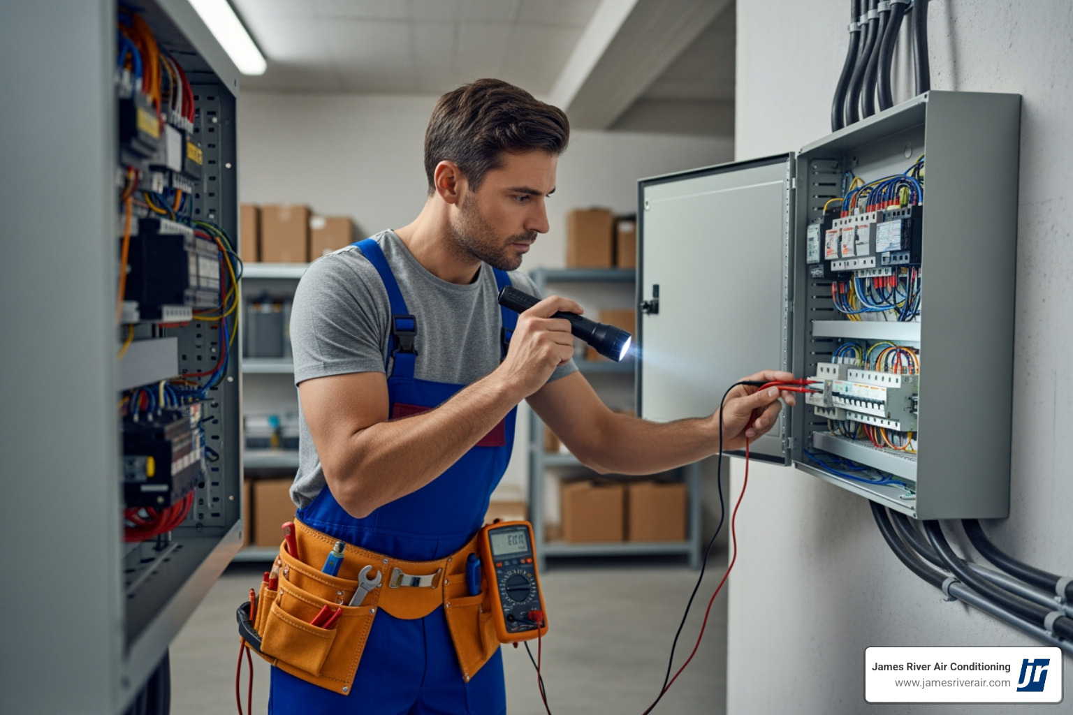 professional electrician inspecting a circuit panel - electrical system replacement in moseley, va professional electrician inspecting a circuit panel - electrical system replacement in moseley, va