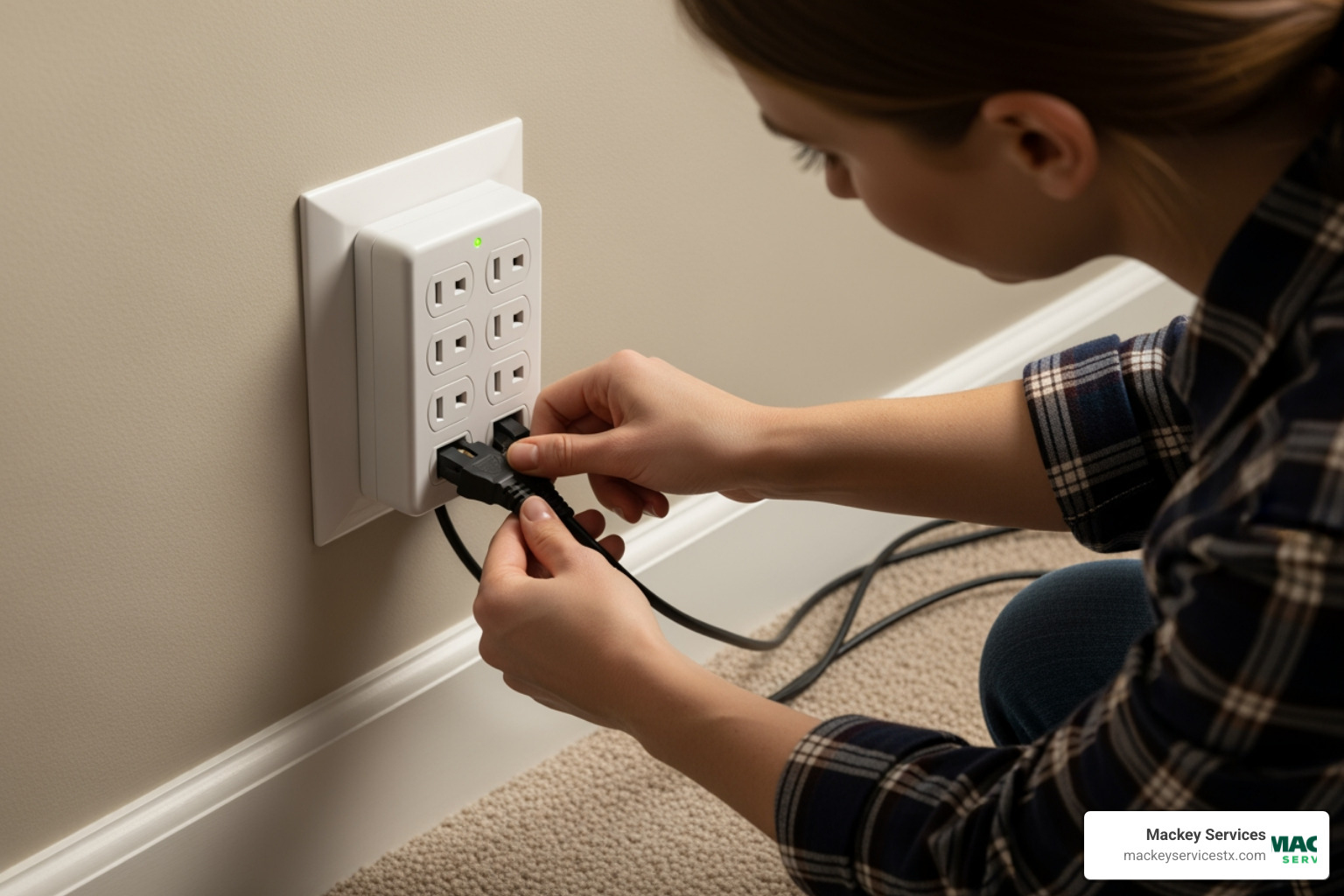 A homeowner carefully plugging an electronic device into a wall-mounted surge protector, emphasizing safe electrical practices. - electrical repair south houston