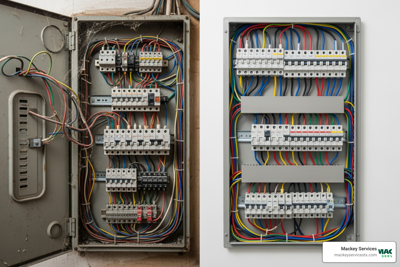 A before-and-after image showing an outdated, messy electrical panel on the left and a new, clean, and organized electrical panel on the right, highlighting the visual and functional improvement of an upgrade. - electrical repair south houston
