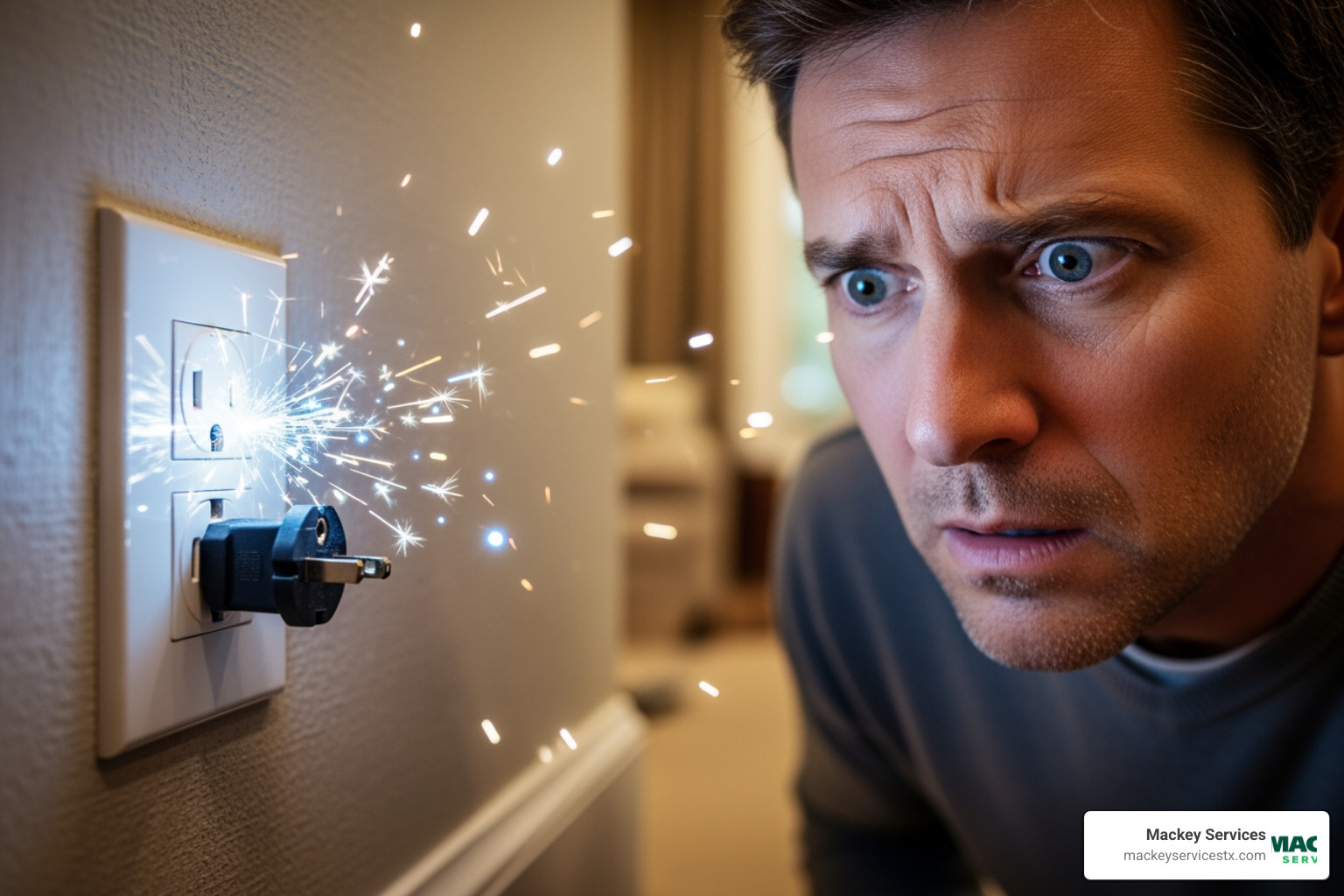 A close-up image of a homeowner looking concerned at a sparking electrical outlet, emphasizing the danger and need for professional help. - electrical repair south houston