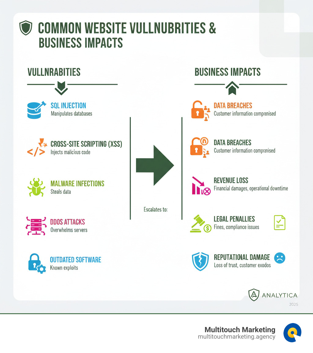 Infographic showing common website vulnerabilities including SQL Injection attacks that manipulate databases, Cross-Site Scripting (XSS) that injects malicious code, malware infections that steal data, DDoS attacks that overwhelm servers, and outdated software with known exploits, along with their potential business impacts such as data breaches, revenue loss, legal penalties, and reputational damage - Website security audits infographic Infographic showing common website vulnerabilities including SQL Injection attacks that manipulate databases, Cross-Site Scripting (XSS) that injects malicious code, malware infections that steal data, DDoS attacks that overwhelm servers, and outdated software with known exploits, along with their potential business impacts such as data breaches, revenue loss, legal penalties, and reputational damage - Website security audits infographic