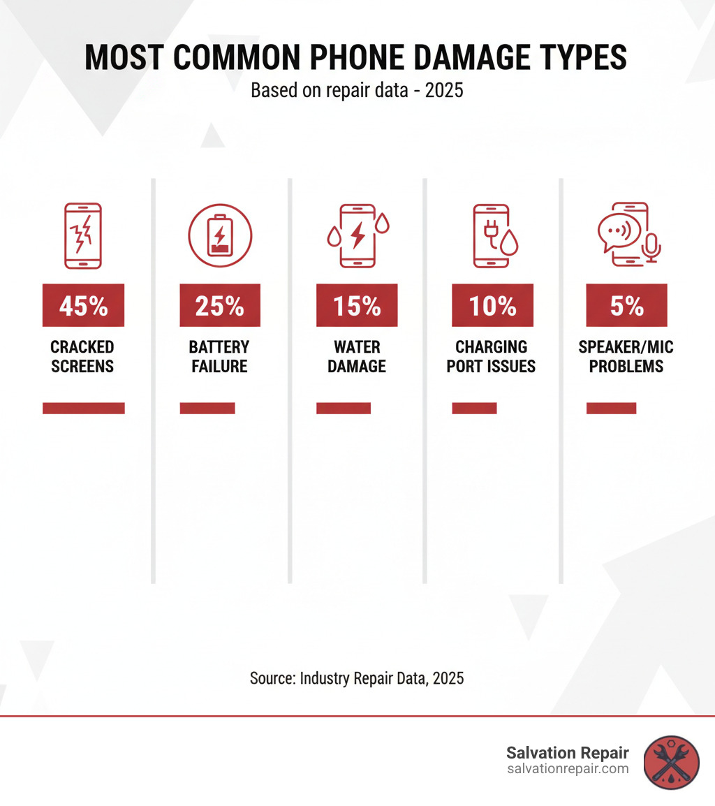 infographic showing the 5 most common phone damage types: cracked screens (45%), battery failure (25%), water damage (15%), charging port issues (10%), and speaker/microphone problems (5%) - Phone repair Jackson MS infographic
