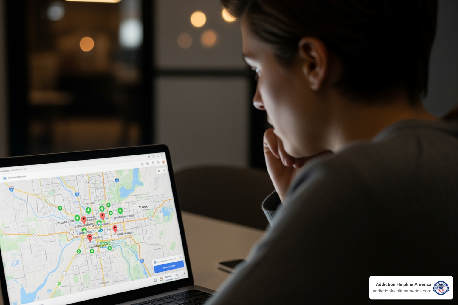 A person looking at a laptop screen showing a map of Tulsa with various rehab facilities marked - outpatient rehab tulsa ok