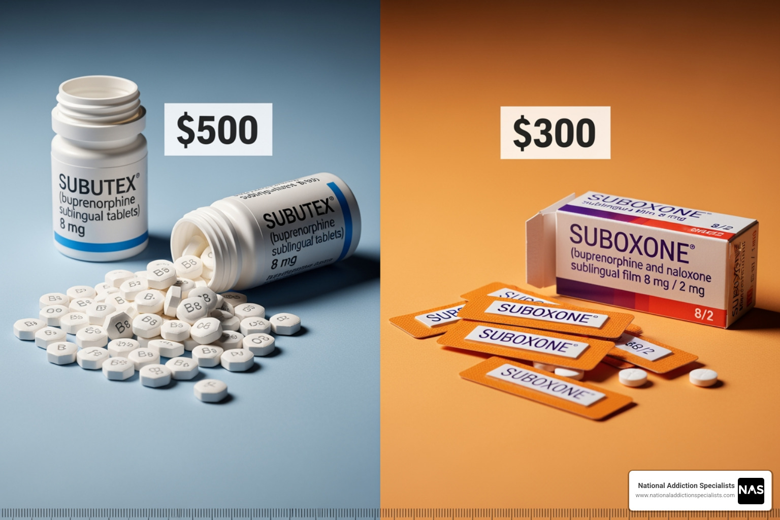 Generic prescription bottle labeled Buprenorphine - Subutex vs Suboxone cost