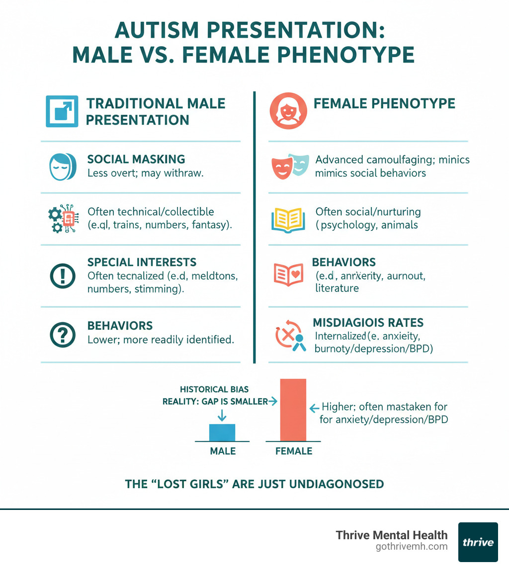 infographic explaining the key differences between traditional male autism presentation and female autism phenotype, including differences in social masking, types of special interests, internalized vs externalized behaviors, and rates of misdiagnosis - autism in women infographic infographic explaining the key differences between traditional male autism presentation and female autism phenotype, including differences in social masking, types of special interests, internalized vs externalized behaviors, and rates of misdiagnosis - autism in women infographic