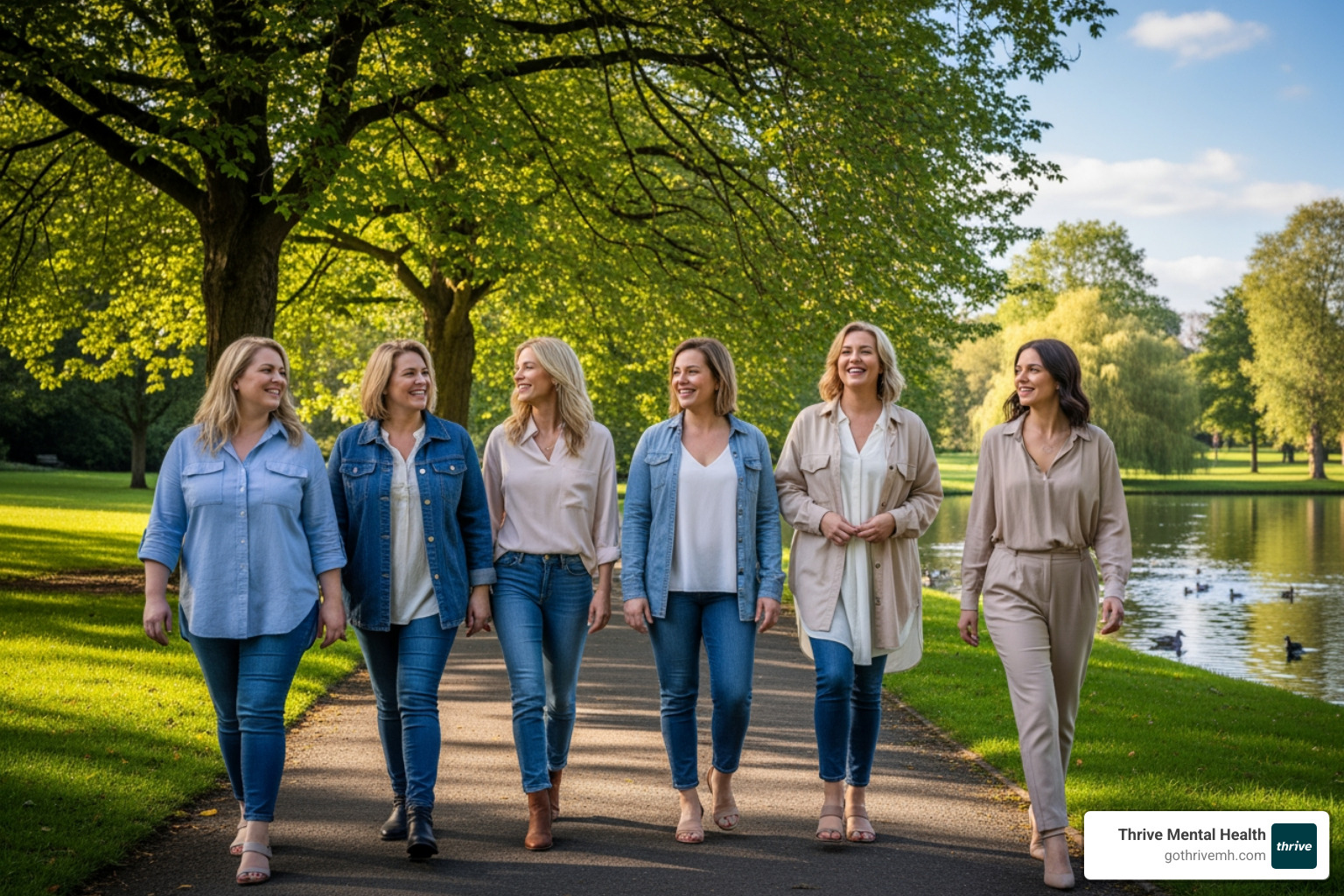 A diverse group of women smiling and looking confident, walking outdoors in a natural setting - autism in women A diverse group of women smiling and looking confident, walking outdoors in a natural setting - autism in women