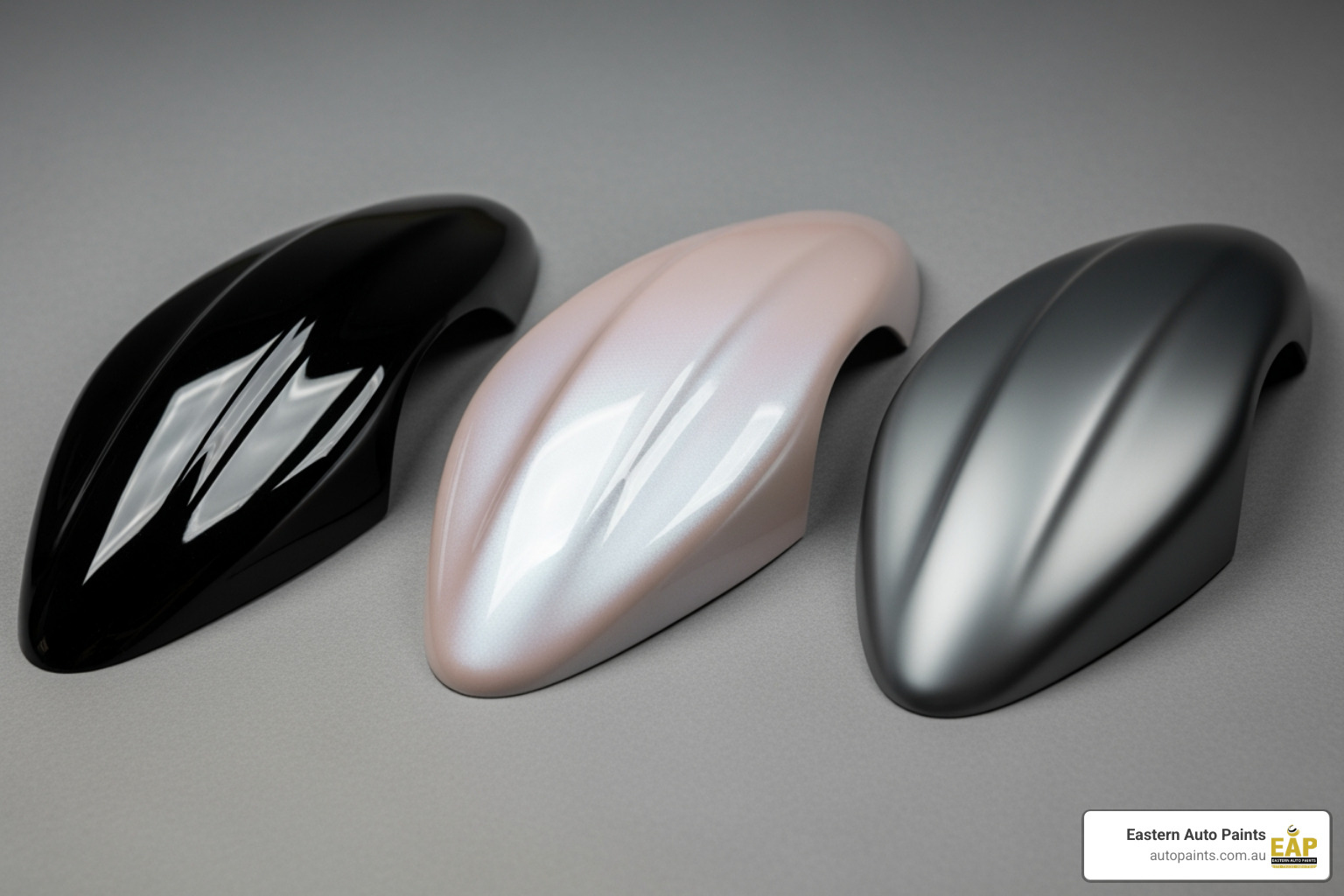 Three speed shapes demonstrating different clearcoat finishes: high gloss, satin, and matte, side-by-side for comparison. - Types of clearcoat