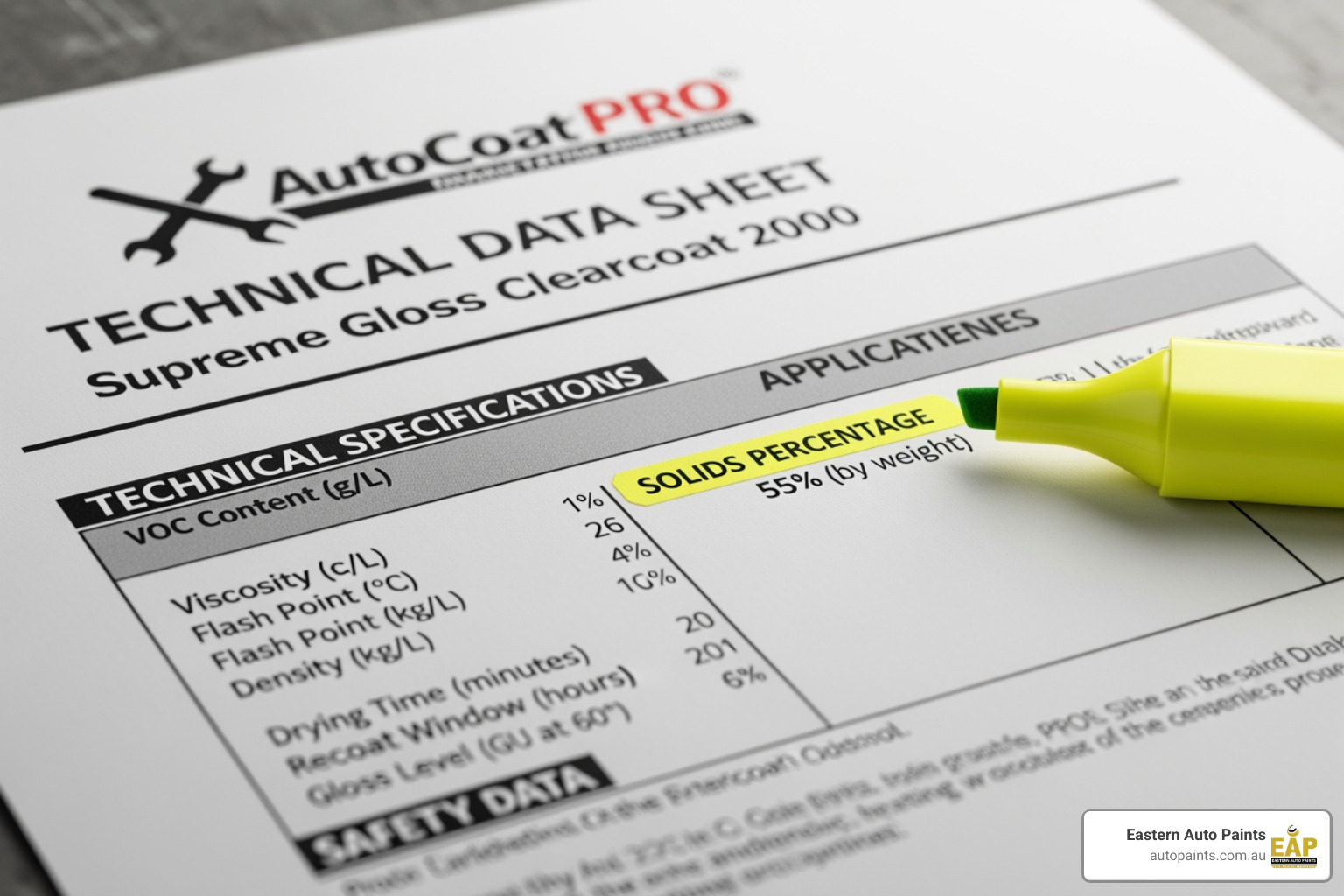 A close-up image of a Technical Data Sheet with the solids percentage circled, illustrating key technical information for clearcoat products. - Types of clearcoat
