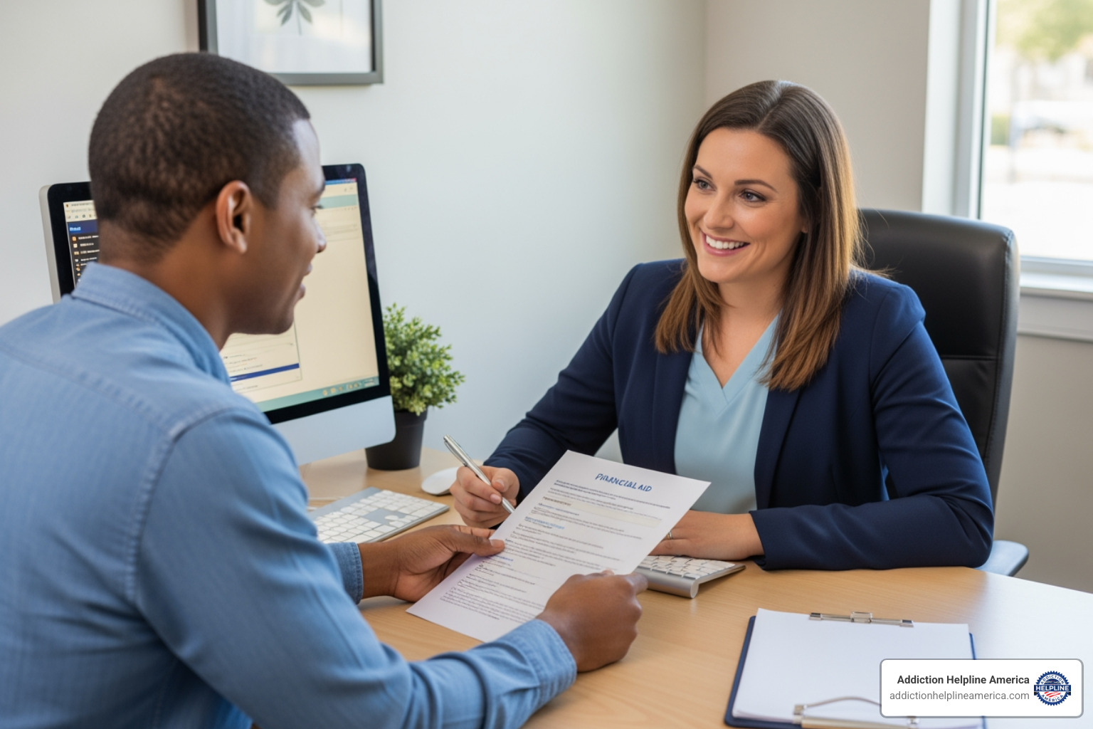 a person reviewing financial aid options with an admissions counselor - Inpatient rehab Tulsa