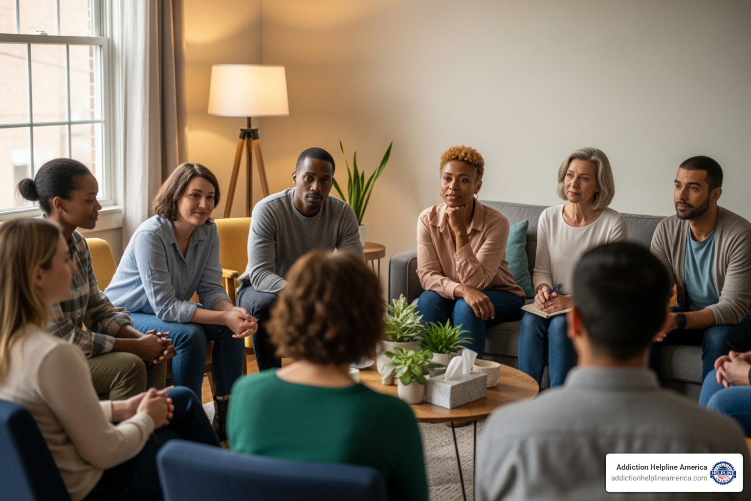 A group of diverse people in a therapy session, symbolizing communal support - tulsa rehab facilities A group of diverse people in a therapy session, symbolizing communal support - tulsa rehab facilities