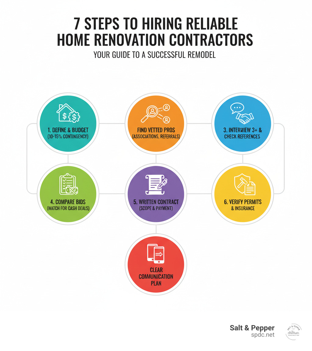 Infographic showing 7 steps to hiring reliable home renovation contractors: 1. Define vision and set budget with 10-15% contingency, 2. Find vetted professionals through associations and referrals, 3. Interview at least 3 contractors and check references, 4. Compare detailed bids and watch for red flags like cash deals, 5. Insist on written contract with scope and payment schedule, 6. Verify permits and insurance coverage, 7. Establish clear communication plan for updates - home renovation contractors infographic Infographic showing 7 steps to hiring reliable home renovation contractors: 1. Define vision and set budget with 10-15% contingency, 2. Find vetted professionals through associations and referrals, 3. Interview at least 3 contractors and check references, 4. Compare detailed bids and watch for red flags like cash deals, 5. Insist on written contract with scope and payment schedule, 6. Verify permits and insurance coverage, 7. Establish clear communication plan for updates - home renovation contractors infographic
