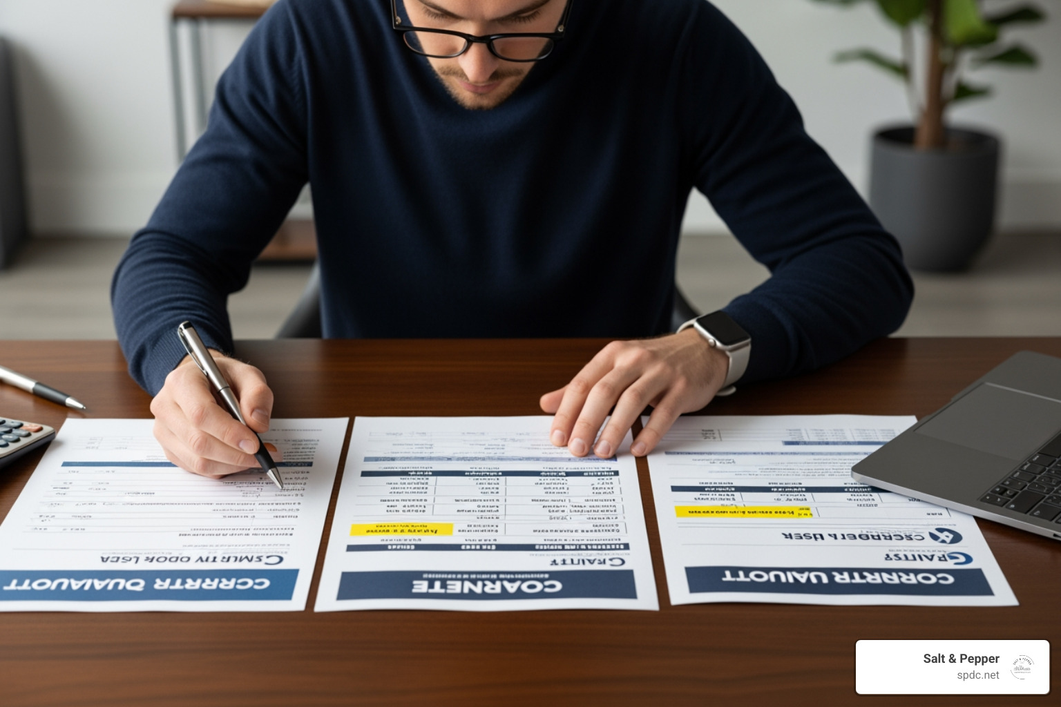 A person carefully comparing three different contractor quote documents side-by-side on a desk - home renovation contractors A person carefully comparing three different contractor quote documents side-by-side on a desk - home renovation contractors