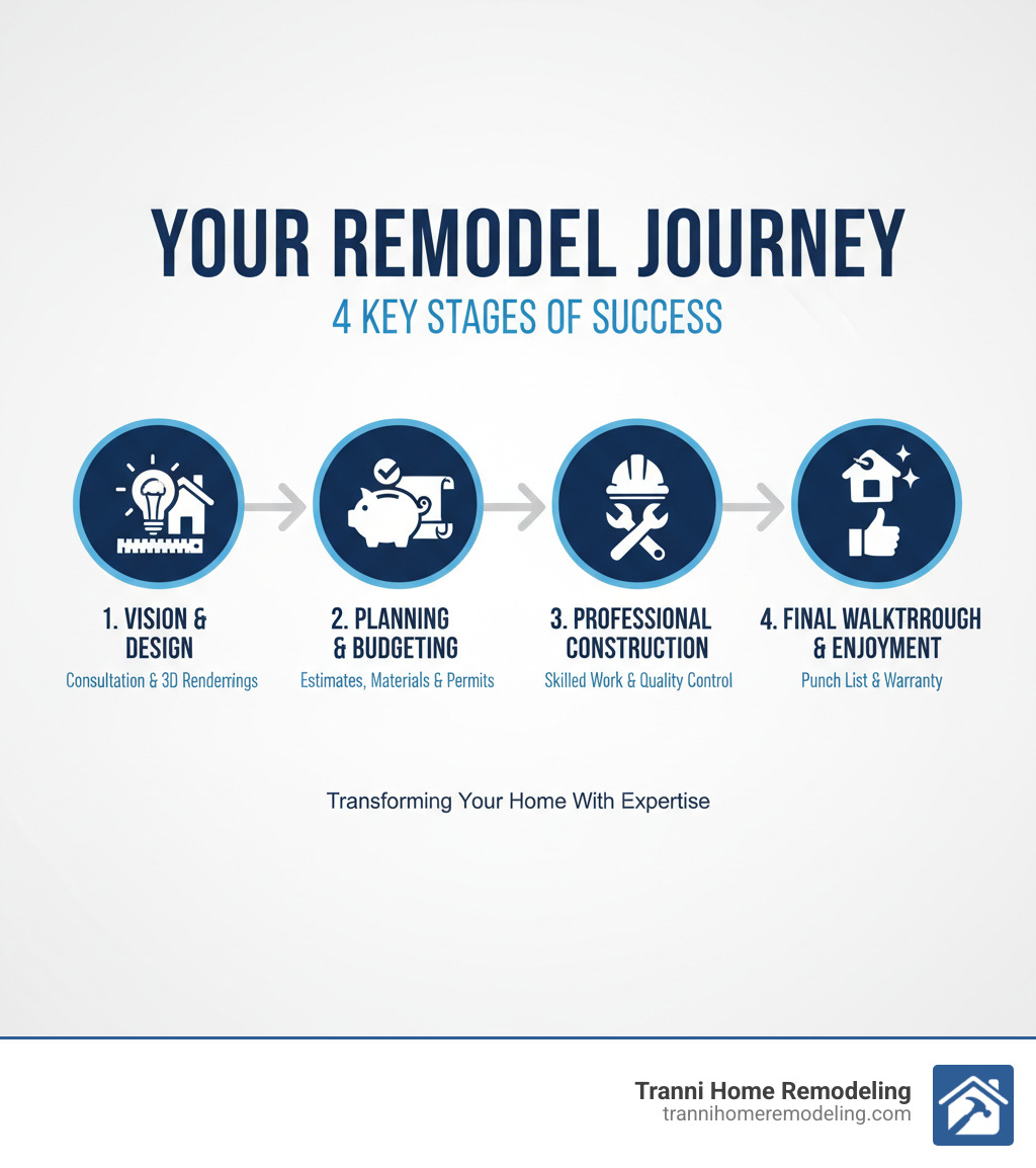 Infographic showing the 4 key stages of a successful kitchen or bath remodel: 1. Vision & Design - Initial consultation and 3D renderings help visualize your dream space; 2. Planning & Budgeting - Detailed estimates, material selection, and permit acquisition ensure no surprises; 3. Professional Construction - Skilled trades execute the work with regular progress updates and quality control; 4. Final Walkthrough & Enjoyment - Punch list completion and warranty coverage guarantee your satisfaction - kitchen bath contractor infographic 