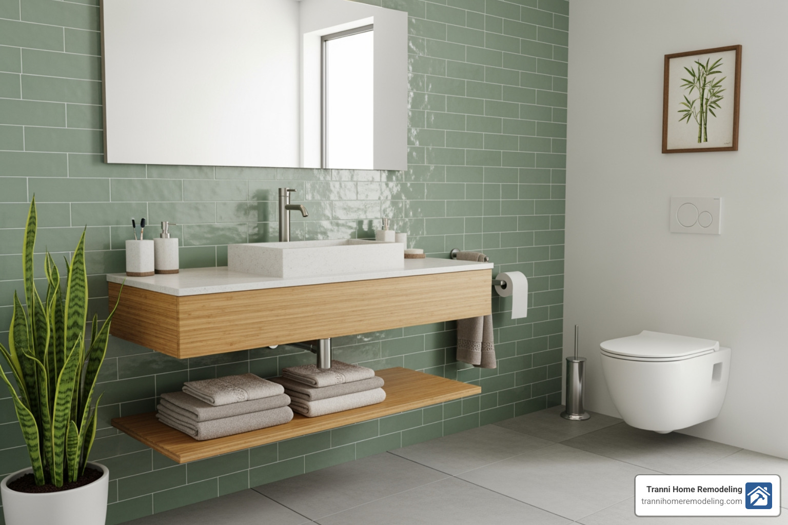 of a modern, spa-like bathroom featuring sustainable materials like a bamboo vanity and low-flow toilet. - kitchen bath contractor