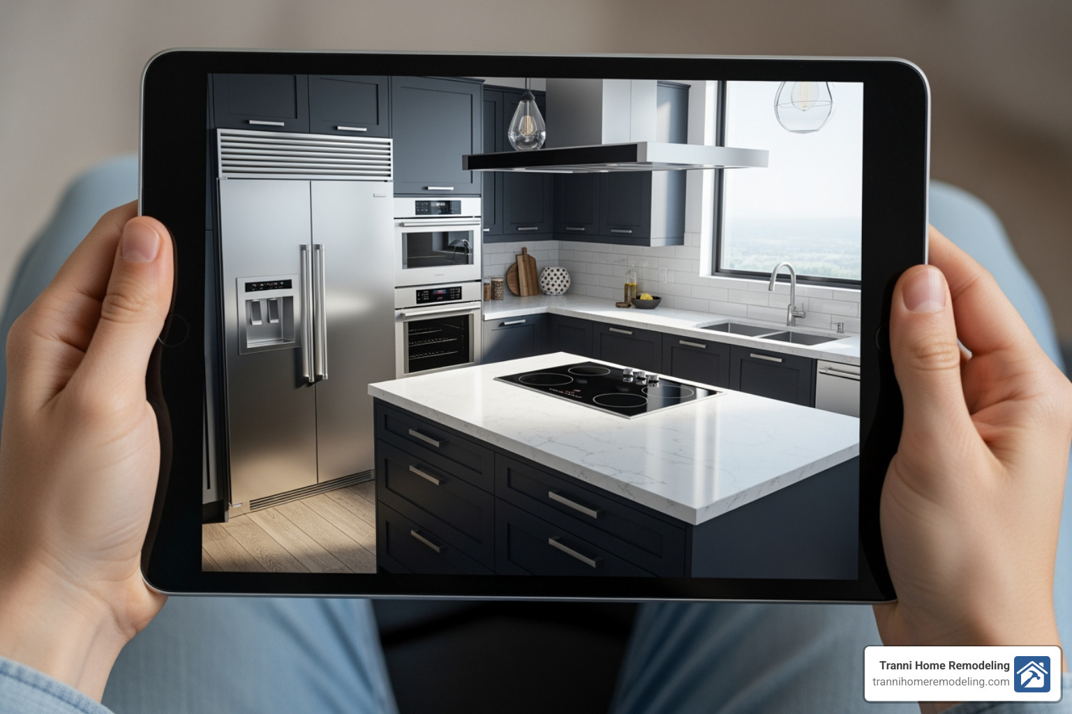 of a 3D kitchen design rendering on a tablet, showing a realistic preview of the finished space. - kitchen bath contractor