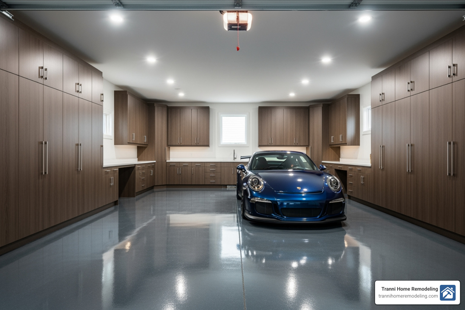 finished garage interior with epoxy flooring, custom cabinets, and good lighting - cost to build a garage addition