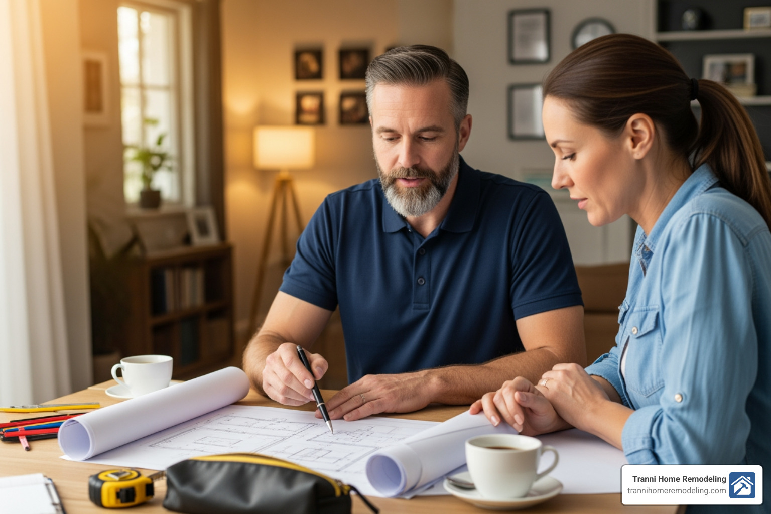 homeowner reviewing garage blueprints with a contractor - cost to build a garage addition