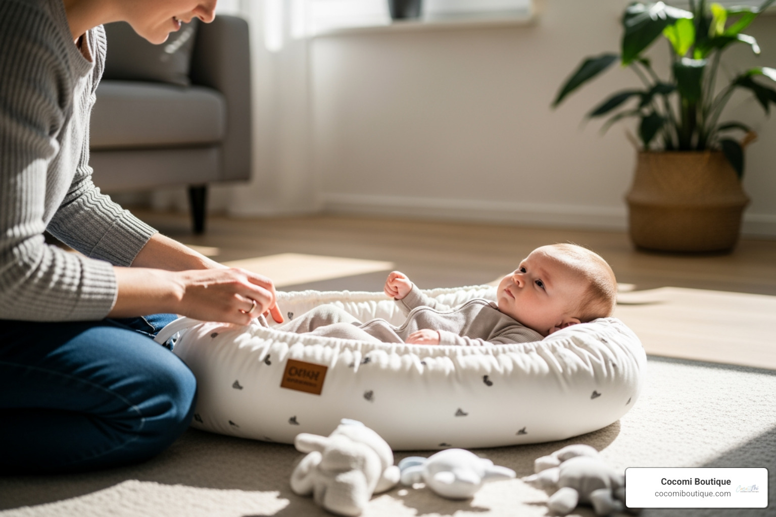 Parent supervising baby in nest on floor - newborn sleep nest