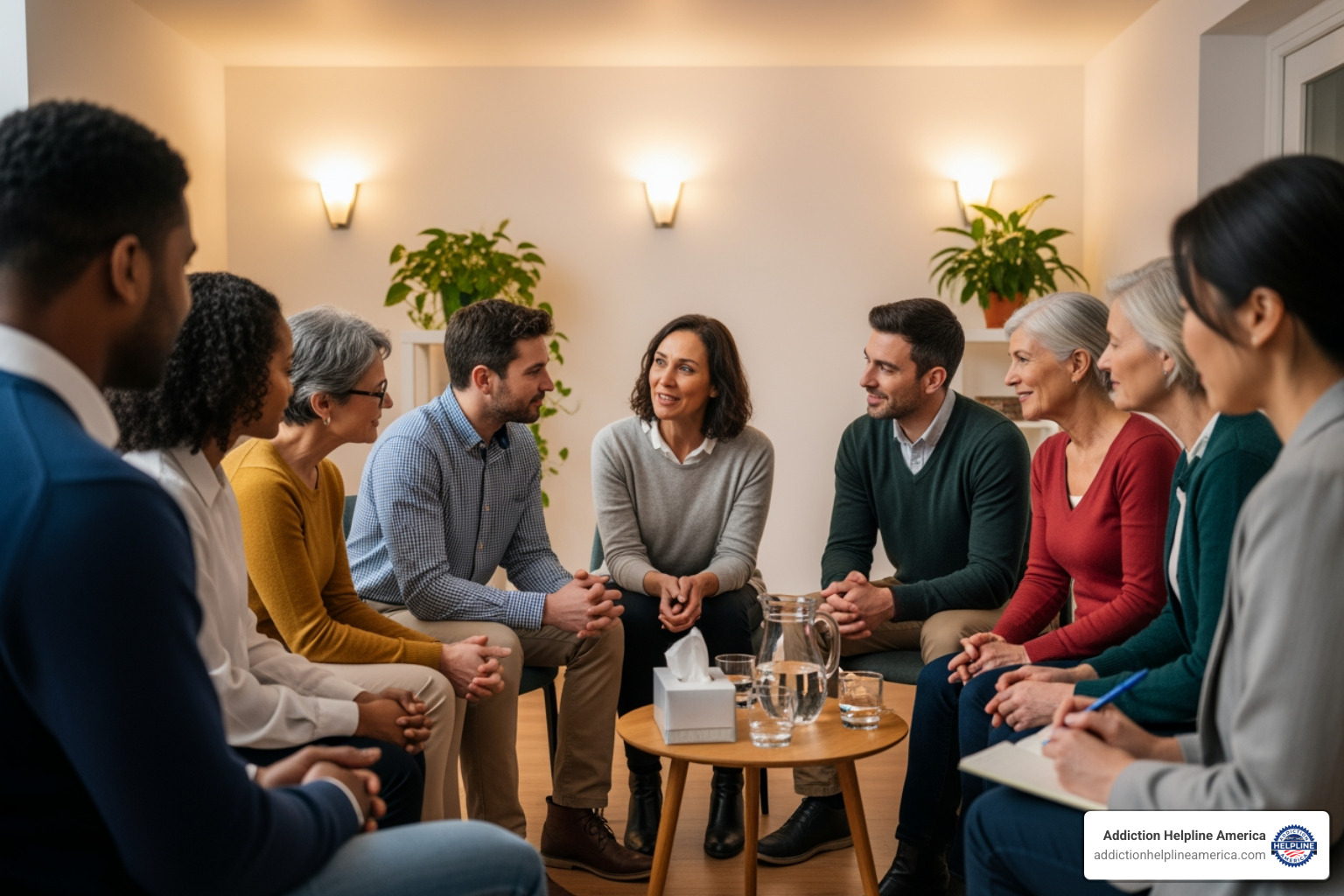 A diverse group of people sitting in a circle, engaged in a support meeting - free drug rehabs in tulsa A diverse group of people sitting in a circle, engaged in a support meeting - free drug rehabs in tulsa