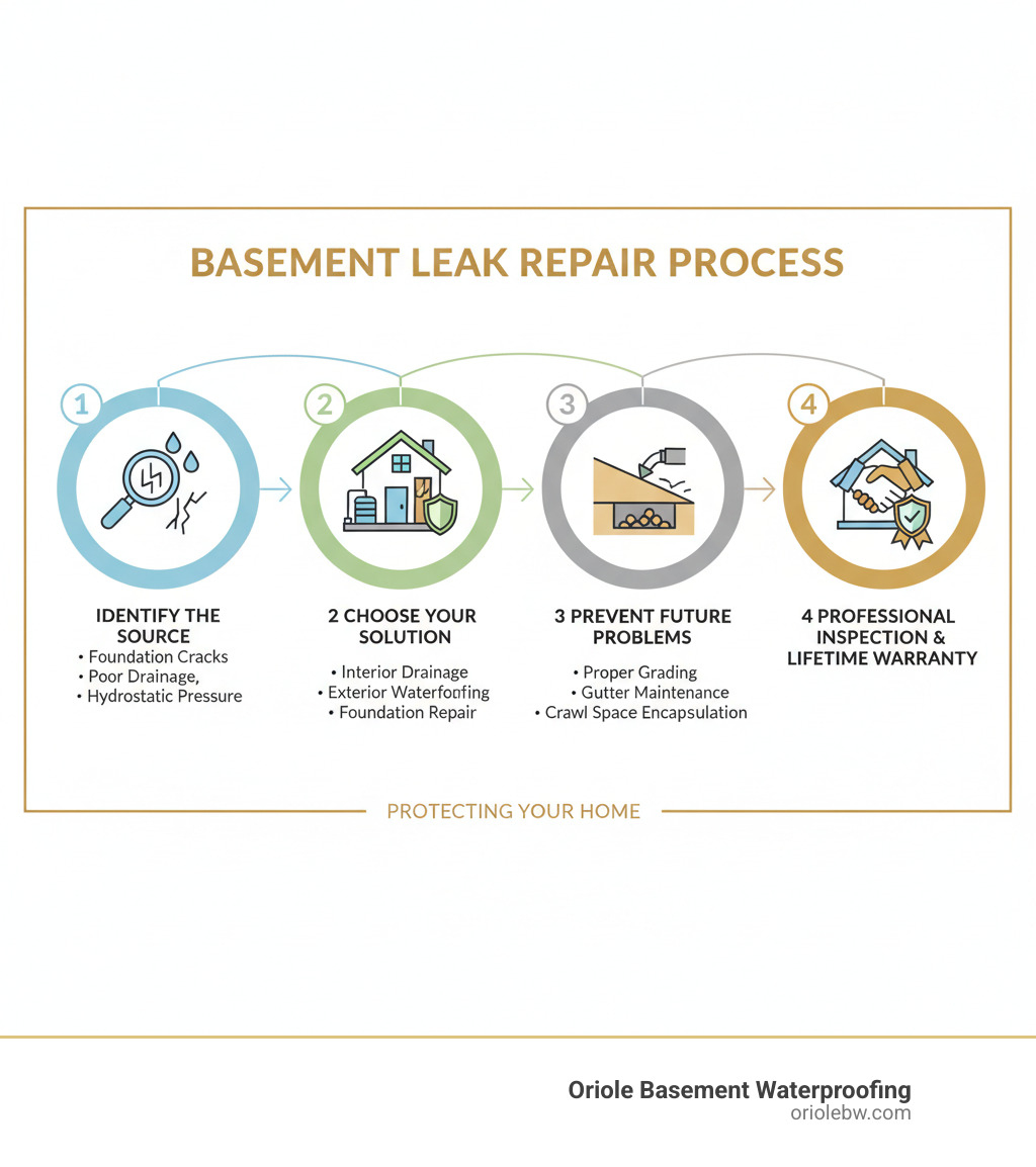 Infographic showing the basement leak repair process: 1) Identify the source (foundation cracks, poor drainage, hydrostatic pressure), 2) Choose your solution (interior drainage with sump pump, exterior waterproofing, foundation repair with carbon fiber straps), 3) Prevent future problems (proper grading, gutter maintenance, crawl space encapsulation), 4) Professional inspection and lifetime warranty protection - basement leak repair infographic Infographic showing the basement leak repair process: 1) Identify the source (foundation cracks, poor drainage, hydrostatic pressure), 2) Choose your solution (interior drainage with sump pump, exterior waterproofing, foundation repair with carbon fiber straps), 3) Prevent future problems (proper grading, gutter maintenance, crawl space encapsulation), 4) Professional inspection and lifetime warranty protection - basement leak repair infographic