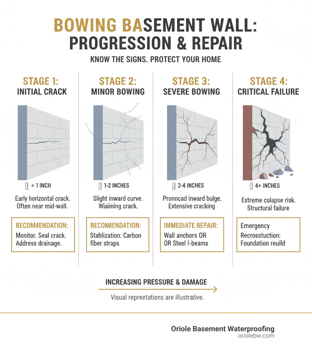 Infographic showing the progression of a bowing basement wall from initial horizontal crack (less than 1 inch) to minor bowing (1-2 inches) to severe bowing (2-4 inches) to critical failure (4+ inches), with corresponding repair recommendations at each stage and visual representations of increasing wall deflection and cracking patterns - bowing basement wall infographic Infographic showing the progression of a bowing basement wall from initial horizontal crack (less than 1 inch) to minor bowing (1-2 inches) to severe bowing (2-4 inches) to critical failure (4+ inches), with corresponding repair recommendations at each stage and visual representations of increasing wall deflection and cracking patterns - bowing basement wall infographic