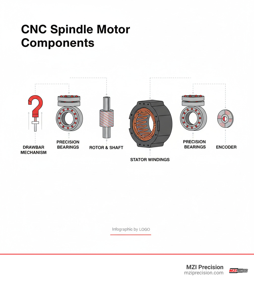 INFOGRAPHIC SHOWING THE CORE COMPONENTS OF A CNC SPINDLE MOTOR INCLUDING THE STATOR WITH ELECTROMAGNETIC WINDINGS, ROTOR ASSEMBLY WITH SHAFT, PRECISION BEARINGS AT EACH END, ENCODER FOR POSITION FEEDBACK, AND DRAWBAR MECHANISM FOR TOOL HOLDING - REPAIR SMALL ELECTRIC MOTOR INFOGRAPHIC INFOGRAPHIC SHOWING THE CORE COMPONENTS OF A CNC SPINDLE MOTOR INCLUDING THE STATOR WITH ELECTROMAGNETIC WINDINGS, ROTOR ASSEMBLY WITH SHAFT, PRECISION BEARINGS AT EACH END, ENCODER FOR POSITION FEEDBACK, AND DRAWBAR MECHANISM FOR TOOL HOLDING - REPAIR SMALL ELECTRIC MOTOR INFOGRAPHIC