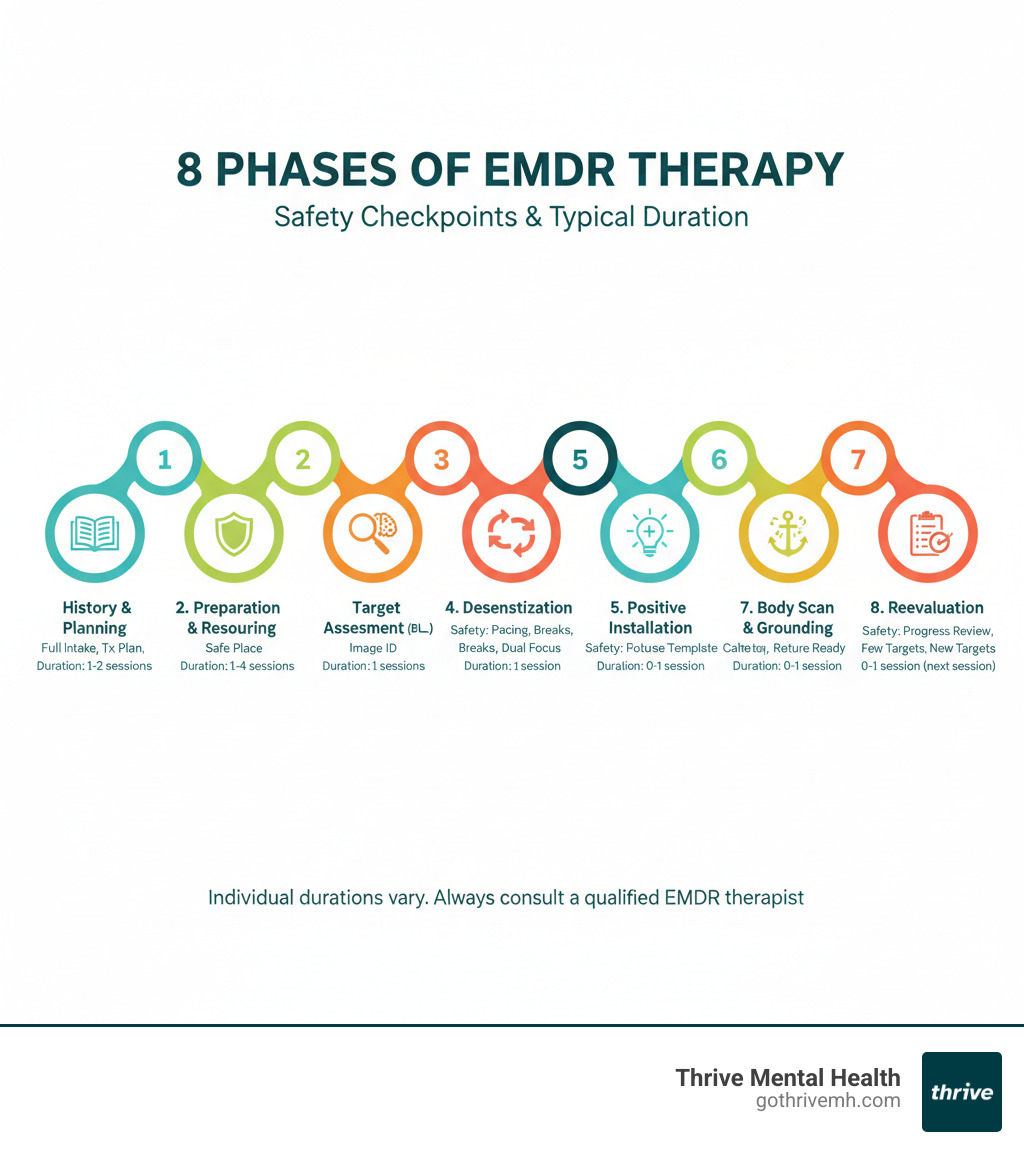 Infographic showing the 8 phases of EMDR therapy: 1. History Taking and Treatment Planning, 2. Preparation and Resource Building, 3. Assessment of Target Memory, 4. Desensitization Through Bilateral Stimulation, 5. Installation of Positive Beliefs, 6. Body Scan for Residual Tension, 7. Closure and Grounding, 8. Reevaluation of Progress. Each phase includes key safety checkpoints and typical duration. - dangers of EMDR therapy side effects infographic 