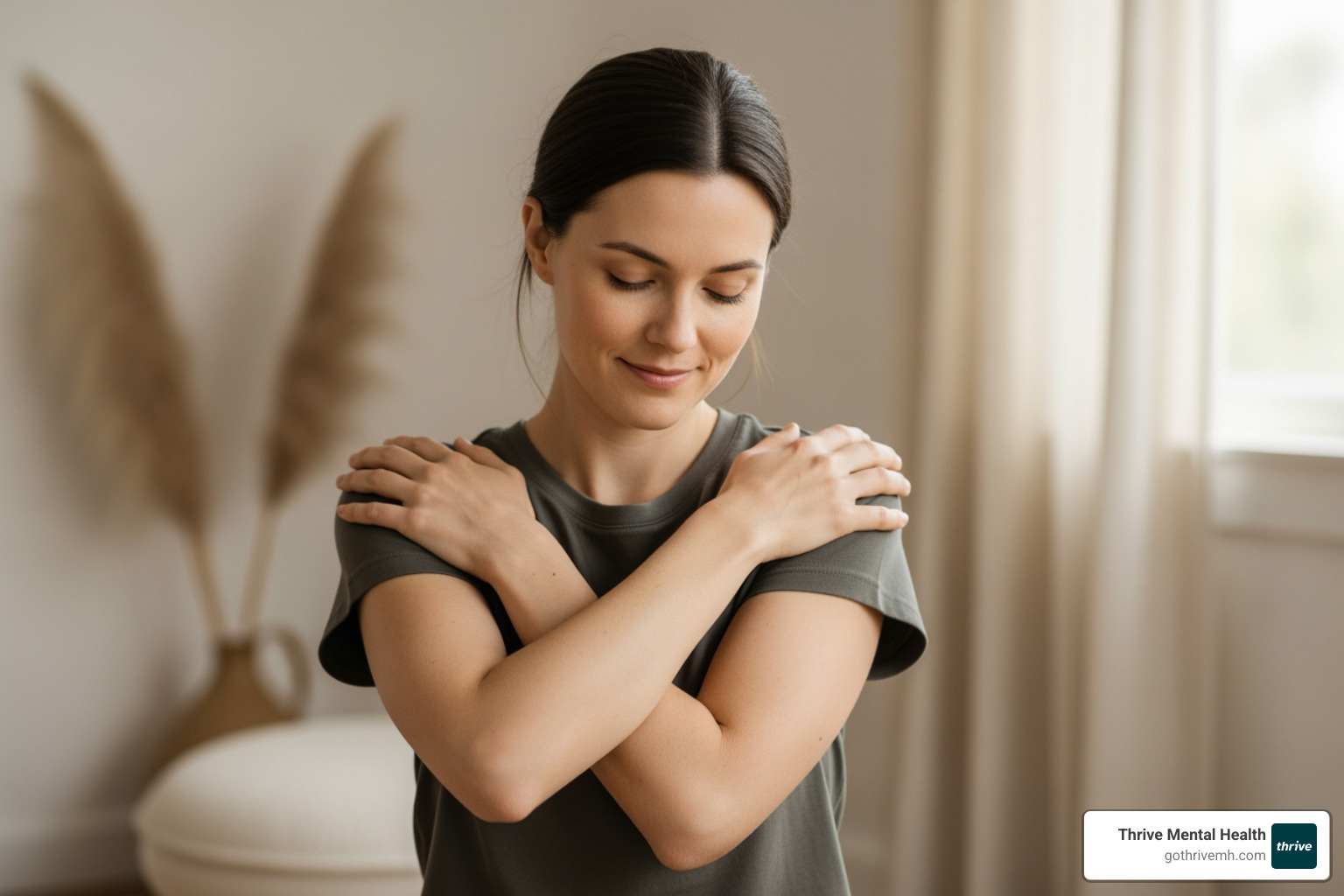person demonstrating the Butterfly Hug technique in a calm setting - bilateral stimulation exercises for trauma